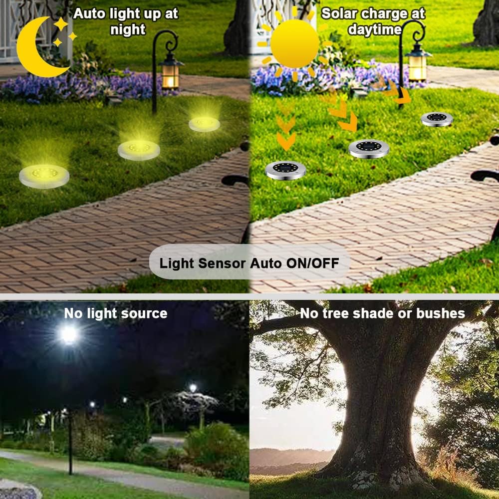Bowfar Solar-Bodenleuchten für den Außenbereich, 12 LEDs, warmweiße Solarleuchten für den Außenbereich, 800 mAh IP65 wasserdichte Solarleuchten, Solar-Gartenleuchten für Rasen, Gehweg, Terrasse, Terrassengarten, 12 Stück – Bild 4