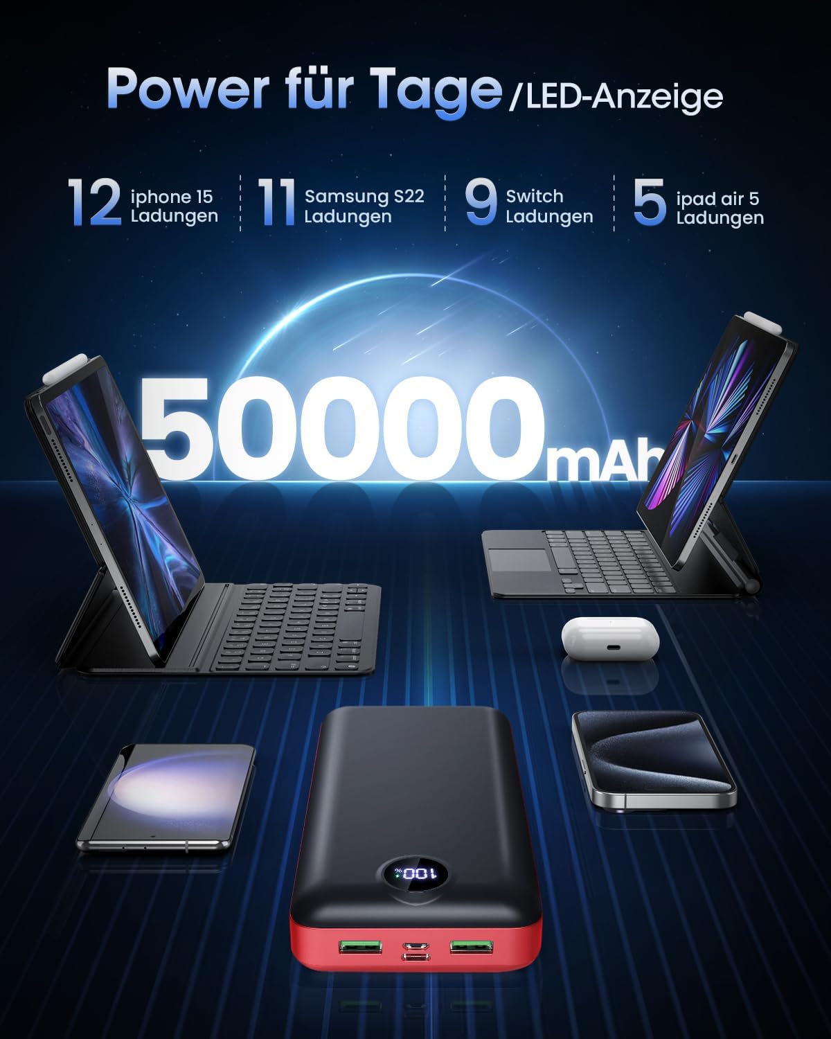 PowerBank 50.000 mAh, große Kapazität, 22,5 W, schnelles Aufladen, externer Akku, USB-C, 3 Ausgänge und 2 Eingänge, LED-Anzeige, Powerbank, kompatibel mit Smartphone, Tablet, Android usw. Rot – Bild 3