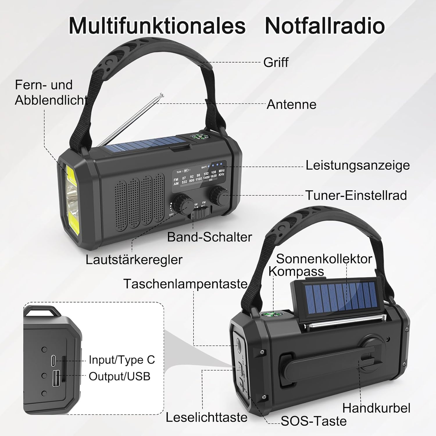 Solarradio, tragbares Kurbelradio, AM/FM-Notfallradio mit 10000/20000 mAh wiederaufladbarer Powerbank, 3 Modi LED-Taschenlampe, SOS-Alarm, USB-C-Handy-Aufladung für Camping im Freien (schwarz, 20000 mAh) – Bild 6