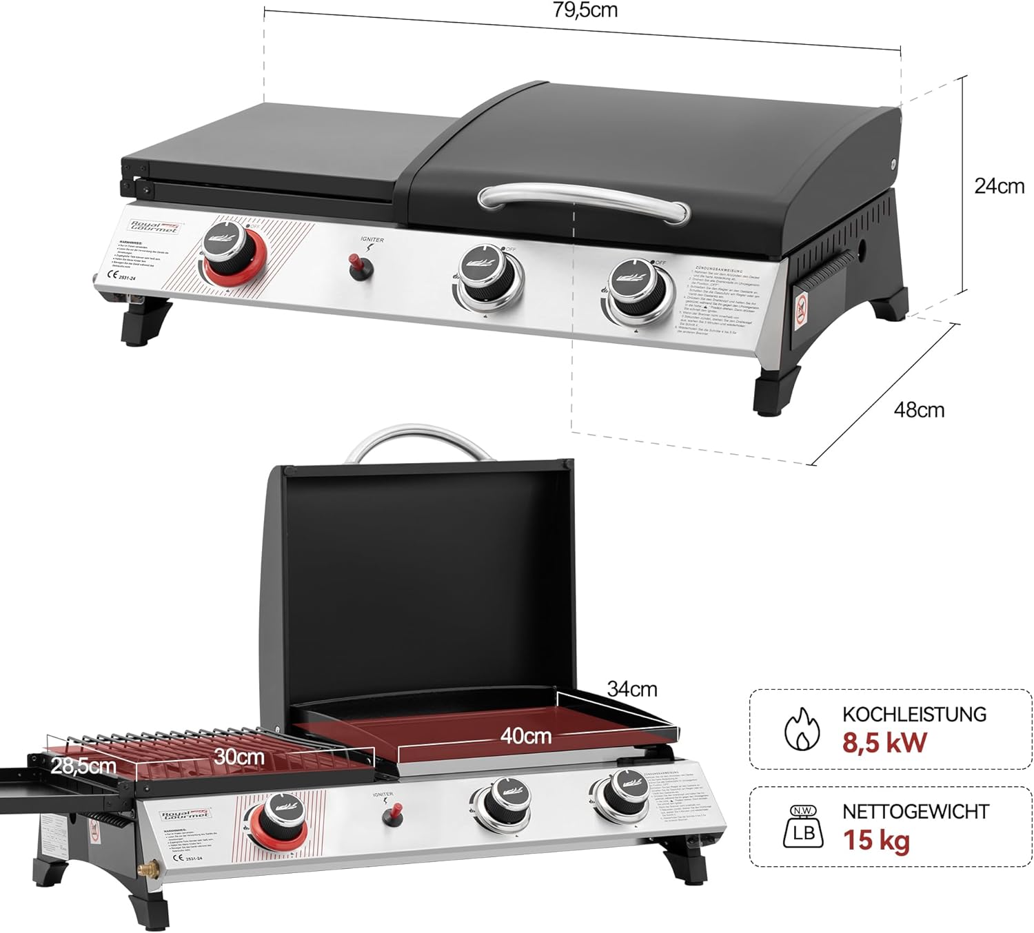 Royal Gourmet 8,5 kW Gasgrill, 3-in-1-Tischgrill mit Grillen, Braten, Kochen, 3 Brenner, tragbarer Picknickgrill, Campinggrill mit klappbarer Seitenablage, schwarz – Bild 3