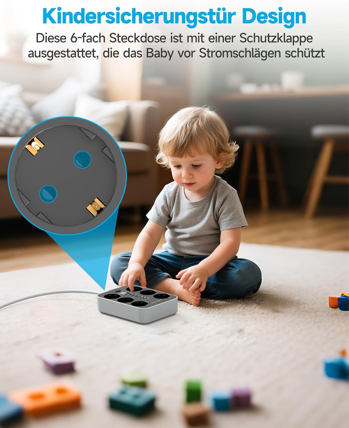 6-fach Steckdosenleiste mit USB (3 USB-A 3 USB-C) Mehrfachsteckdose Wandmontage, Steckdose mit Schalter und 2m Verlängerungskabel, Überspannungsschutzsteckdose, Schwarz – Bild 7