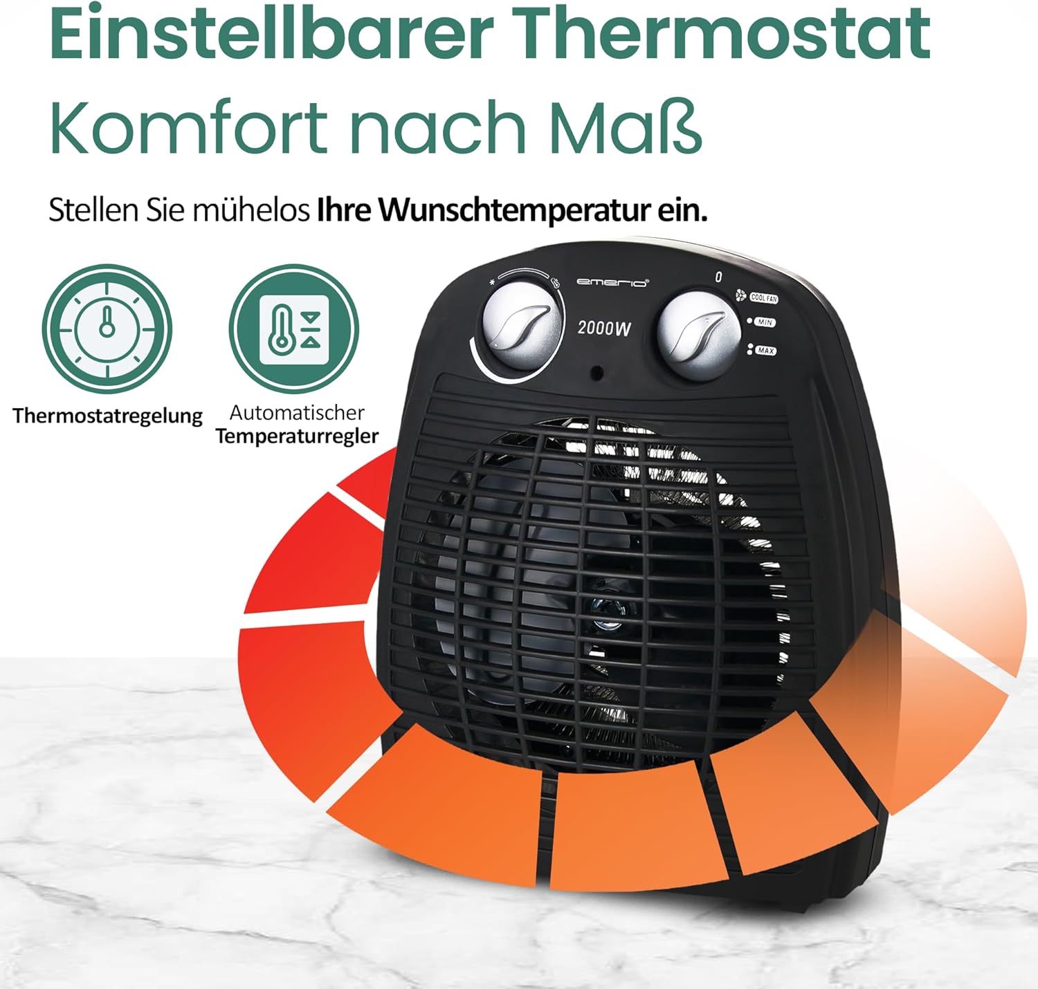 Emerio FH-106737.2, Note 1.5, kleiner kompakter tragbarer Heizlüfter für 25 m², 2 Heizleistungen + Lüfterfunktion, einstellbarer Thermostat, Sicherheitsschalter, Griff, 2000 Watt, Anthrazit – Bild 3