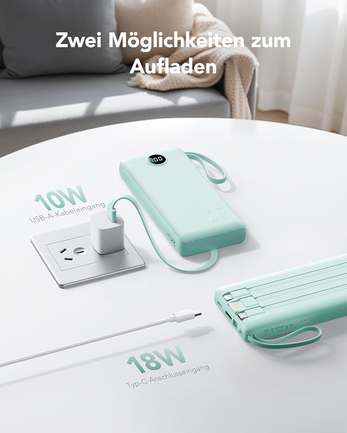 VRURC Powerbank, Powerbank 20000 mAh mit Kabel USB C Schnellladung 22,5 W Tragbares Ladegerät Schnellladung mit LED-Anzeige Externe Handy-Akkus Kompatibel mit iPhone, Huawei usw – Bild 6