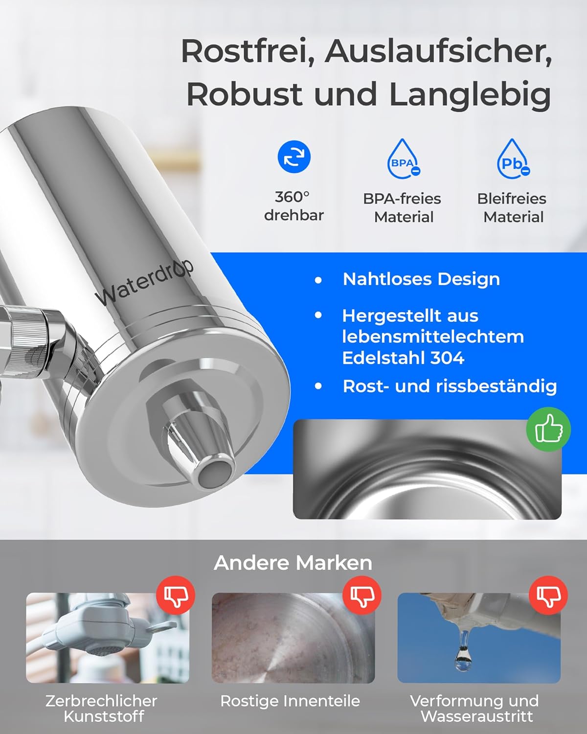 Waterdrop WD-FC-06 Wasserfilter-Wasserhahn aus Edelstahl, Carbon-Block-Wasserfiltersystem, Leitungswasserfilter, entfernt Chlor, Schwermetalle und schlechten Geschmack (1 Filter im Lieferumfang enthalten) – Bild 6