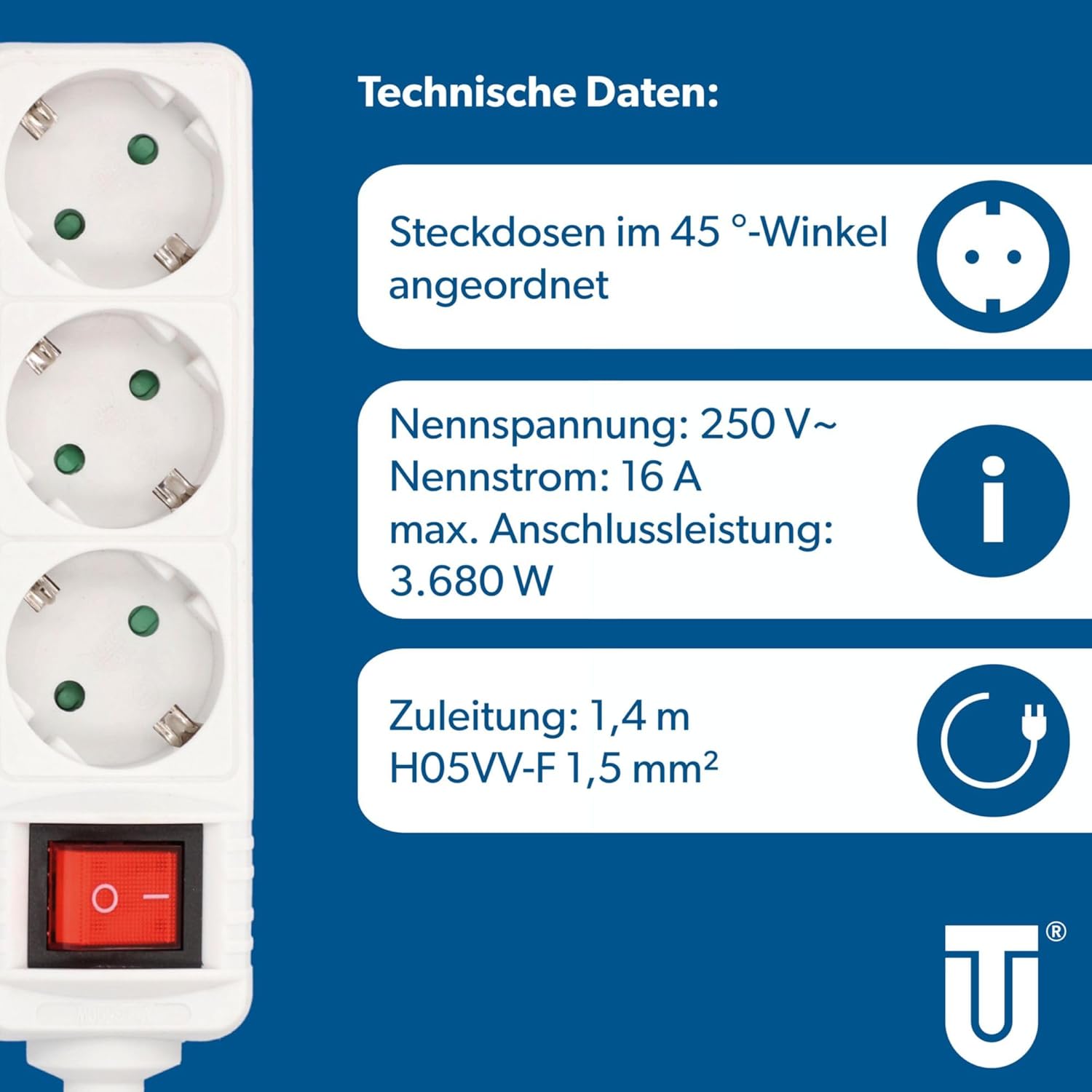 Unitec Steckdosenleiste 3-fach mit Schalter, 1,4 m. Weiß, 445211. – Bild 4