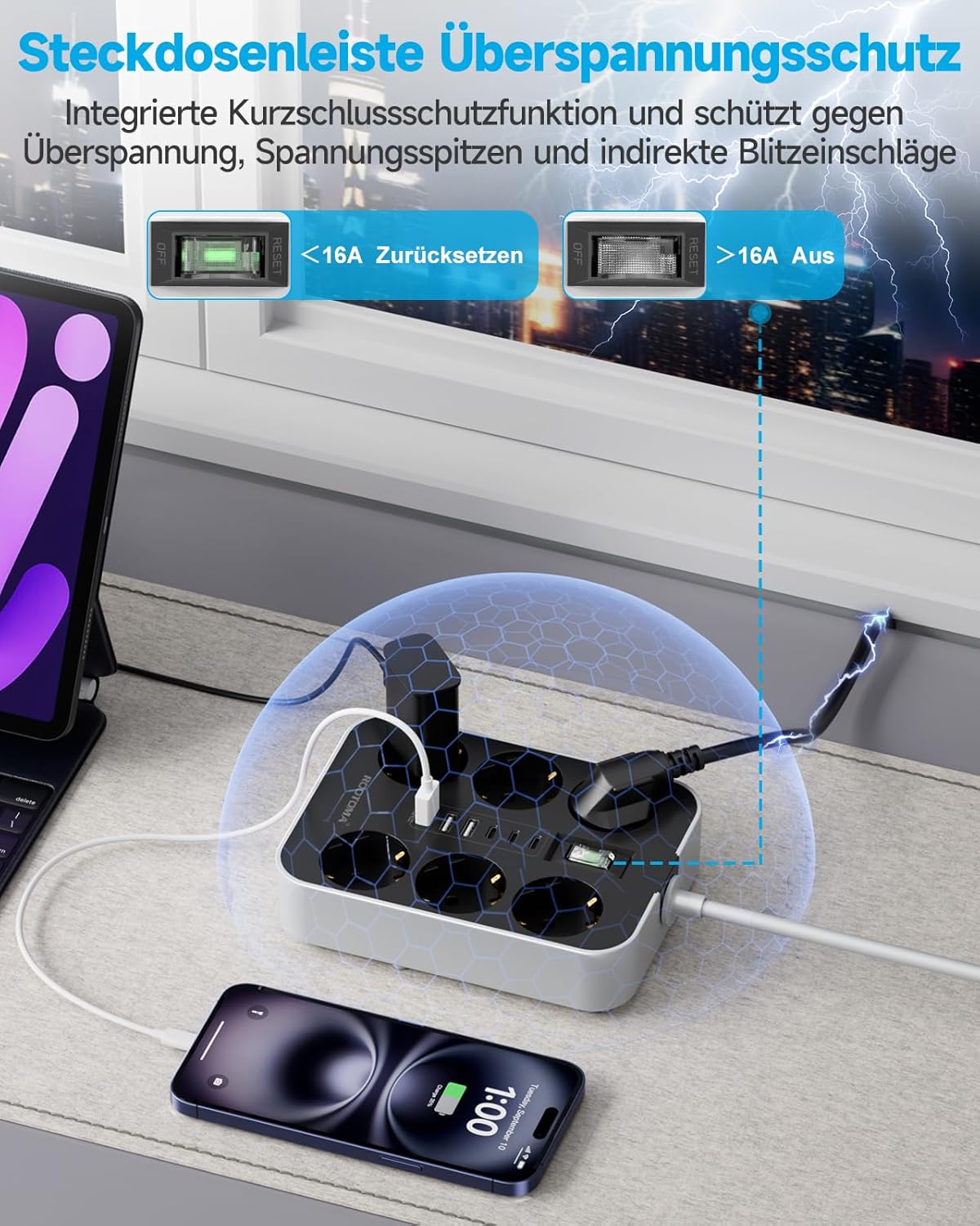 6-fach Steckdosenleiste mit USB (3 USB-A 3 USB-C) Mehrfachsteckdose Wandmontage, Steckdose mit Schalter und 2m Verlängerungskabel, Überspannungsschutzsteckdose, Schwarz – Bild 3