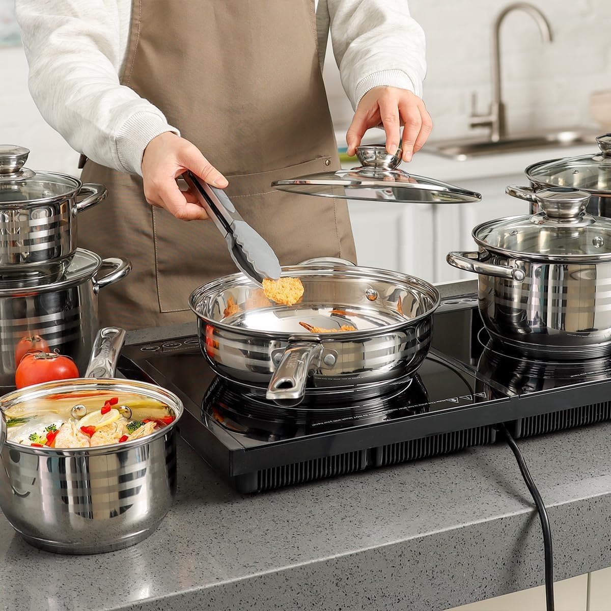 Smhline 12-teiliges Topfset, Kochtopf-Set, geeignet für Induktionsherde, Edelstahl-Kochgeschirr, Pfannenset, Glasdeckel, Küchensets, Bratpfanne – Bild 7