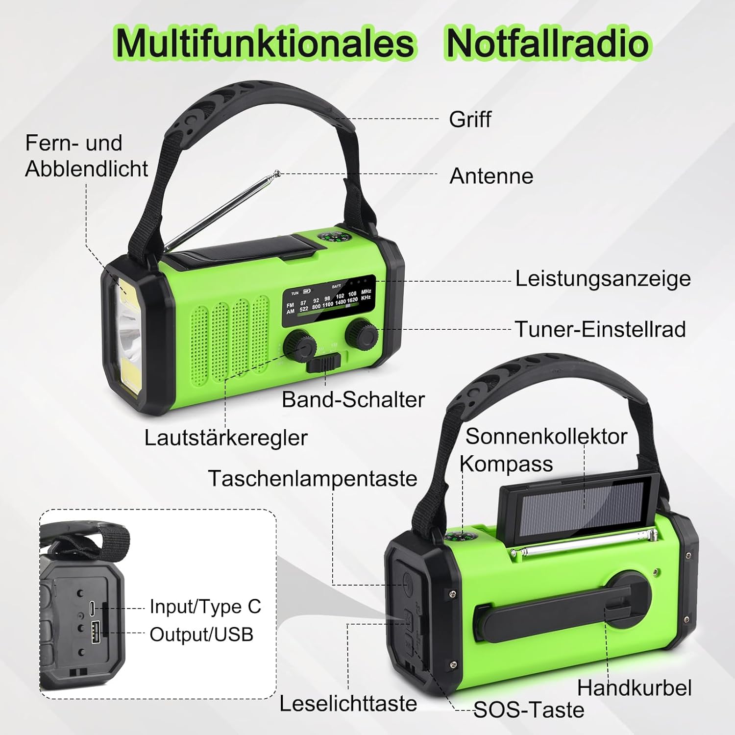 Solarradio, tragbares Kurbelradio, AM/FM-Notfallradio mit 10000/20000 mAh wiederaufladbarer Powerbank, 3 Modi LED-Taschenlampe, SOS-Alarm, USB-C-Handy-Aufladung für Camping im Freien (grün, 20000 mAh) – Bild 5