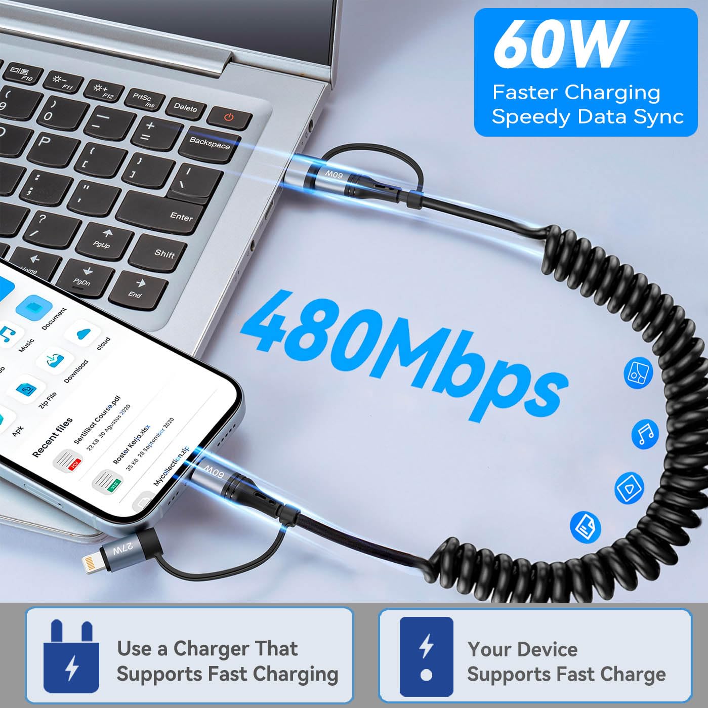 USB C Spiralkabel, 60W Kurzes USB auf USB C Kabel Schnellladekabel (40cm - 1,2m) USB C auf Lightning 4 in 1 Multi Ladekabel für iPhone 17 16 15 14 13 12 11 Pro Max X XS XR 8 7 6 Plus/Android Autokabel – Bild 4