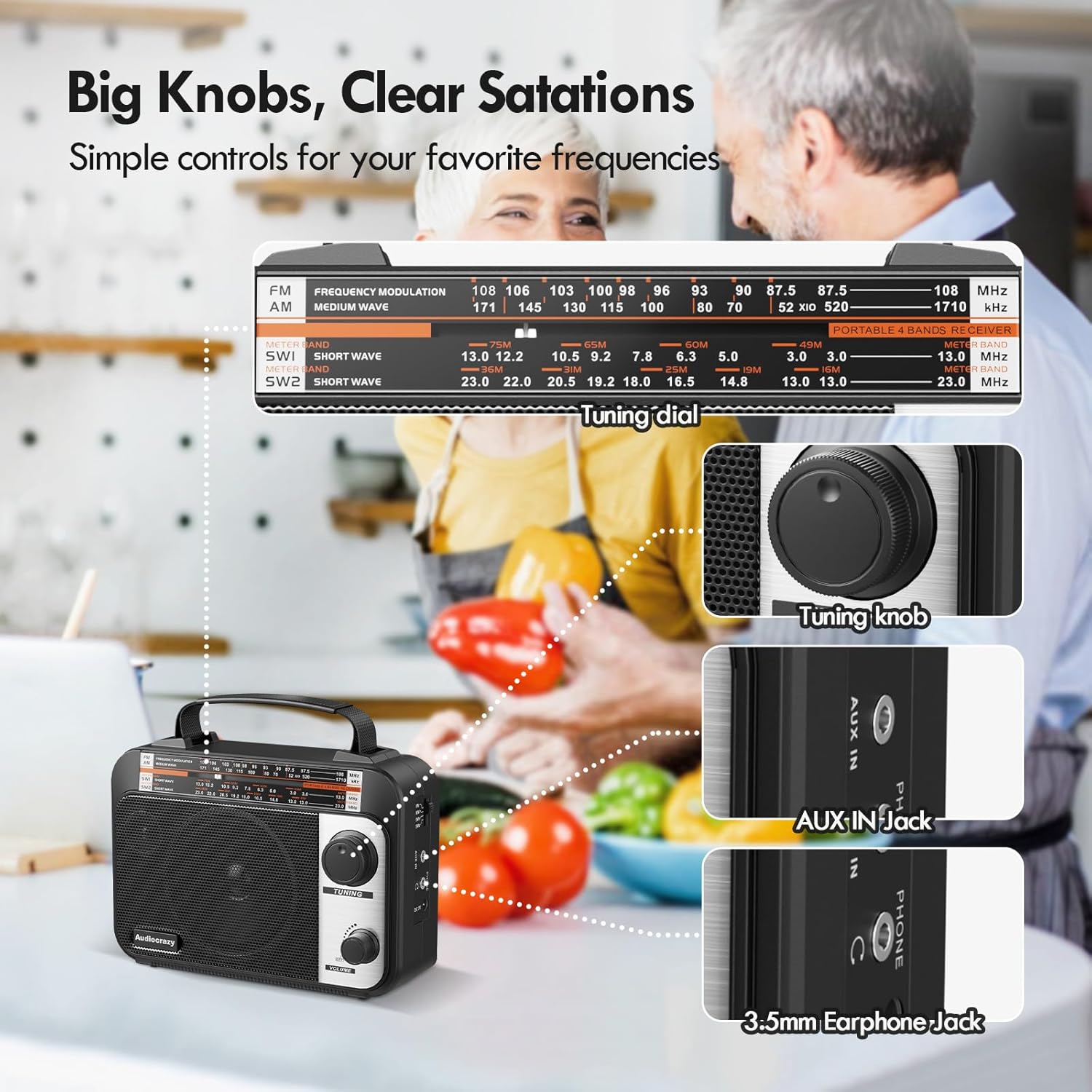 UKW FM/AM/SW1-2 Radio Tragbare Radios Weltempfängerradio mit 1800 mAh wiederaufladbarem Akku, AC-Kabel oder Batteriebetrieb, Multiband-Kurzwellenradio AUX/Kopfhöreranschluss Schwarz – Bild 5