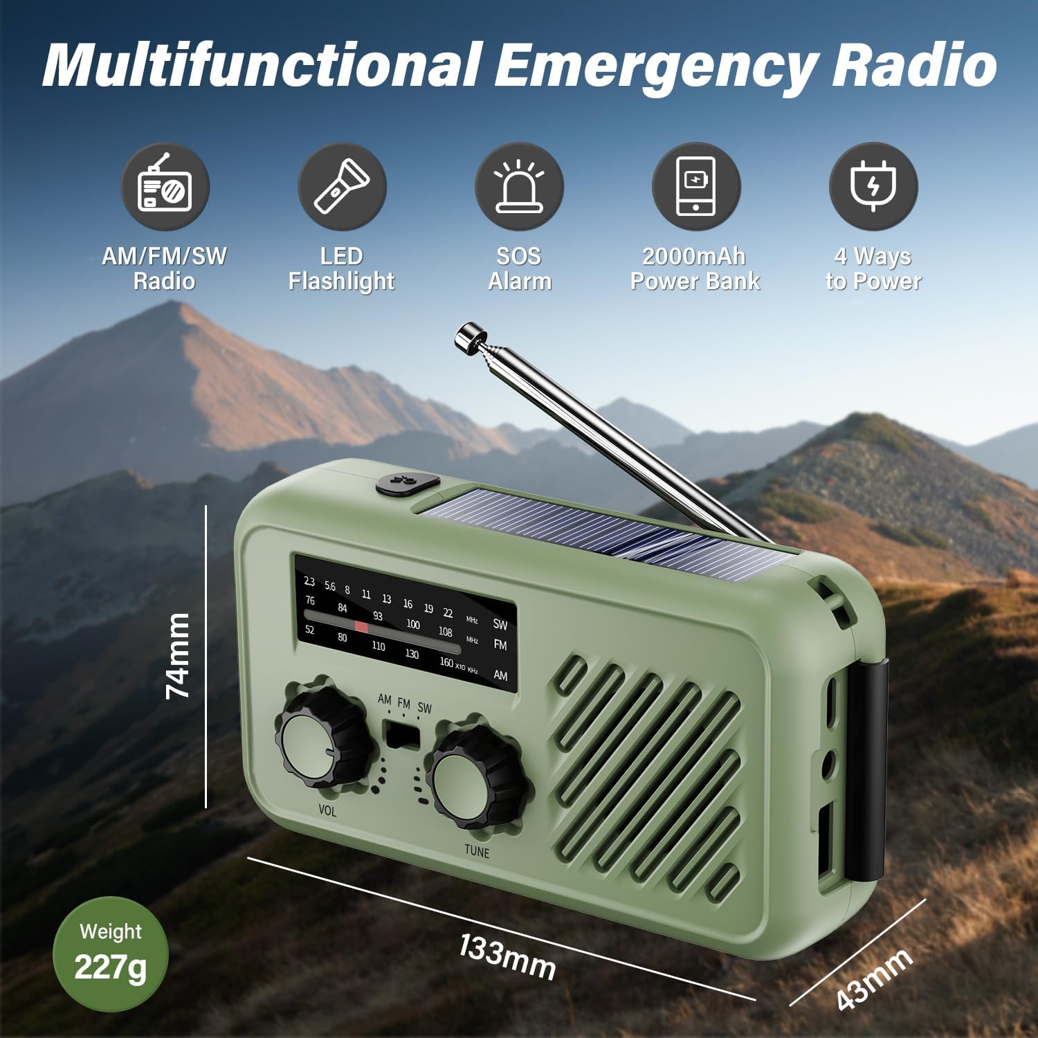 Kurbelradio-Notfall-Weltempfänger-Testsieger, wiederaufladbares Notfallradio mit Kurve und Solar, kleines Radio mit 2000-mAh-Powerbank, LED-Taschenlampe, SOS-Alarm, SW/AM/FM-Kofferradio, Outdoor-Tasche – Bild 2
