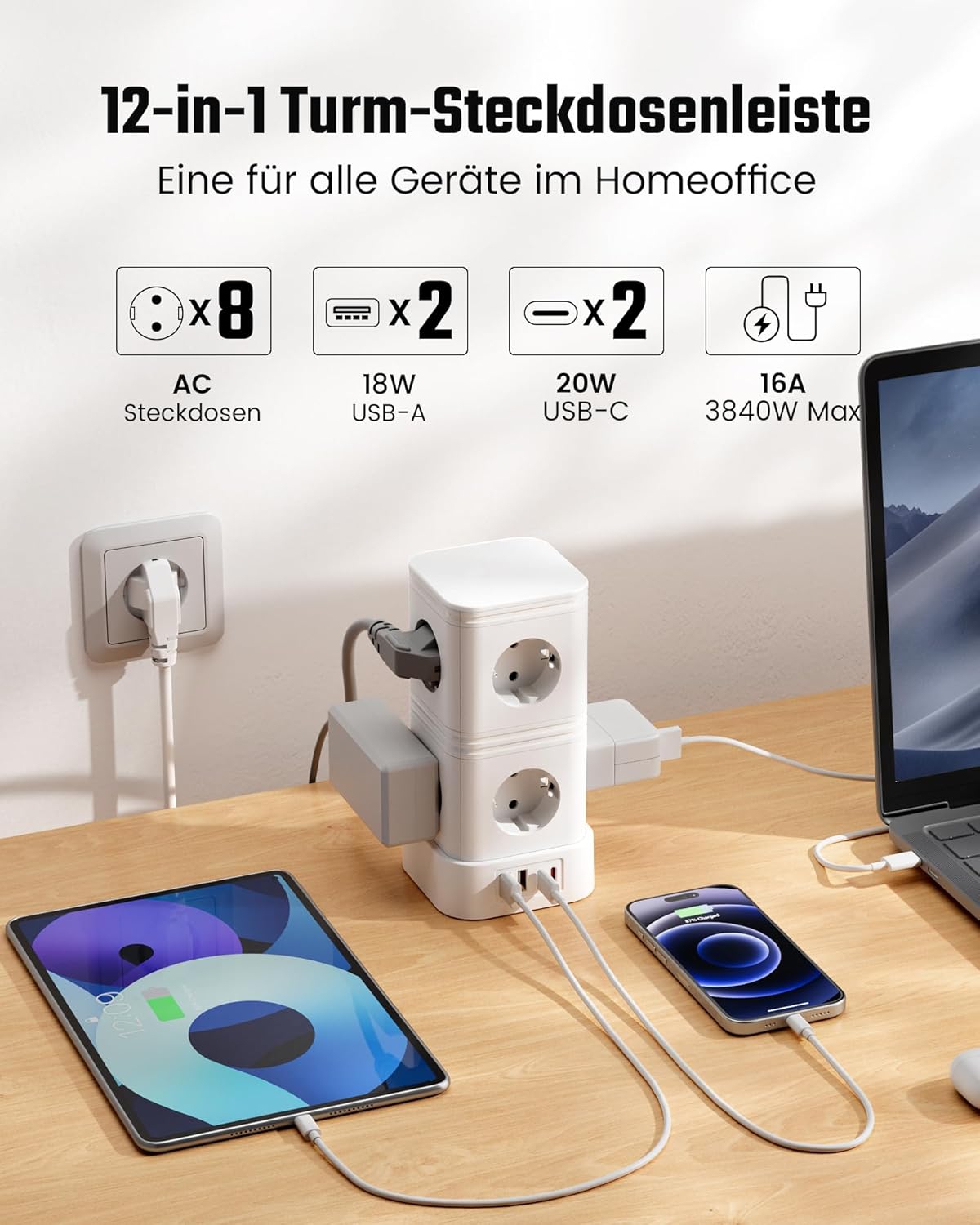 Mehrfachsteckdose Überspannungsschutz, 8-fach Mehrfachsteckdose mit PD 20W USB C, Steckdosenleiste mit Schalter, Steckdosenwürfel mit Verlängerungskabel 2m, 16A/3840W, Weiß – Bild 3