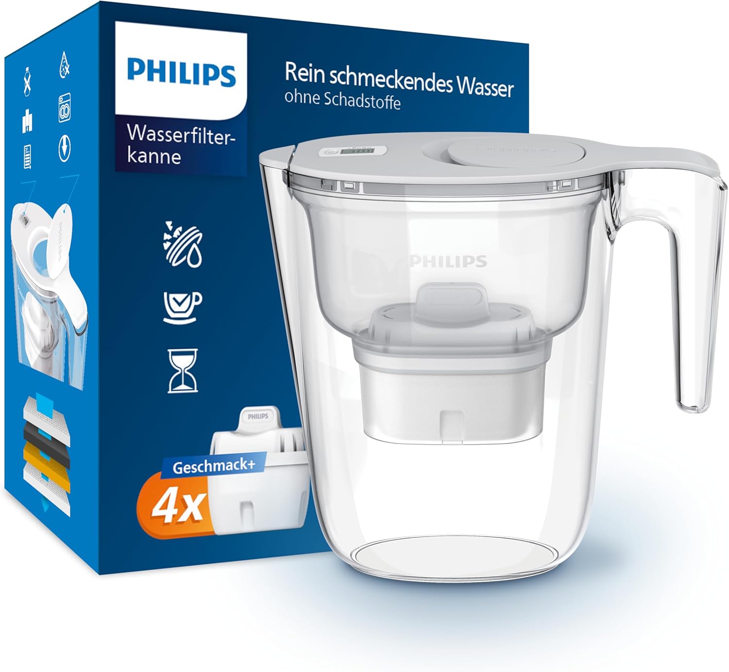 Philips Wasserfilterkanne +4 Micro X-Clean Ersatzfilterkartuschen, schneller Durchfluss, Weiß, 2,6 Liter, elektronischer Timer
