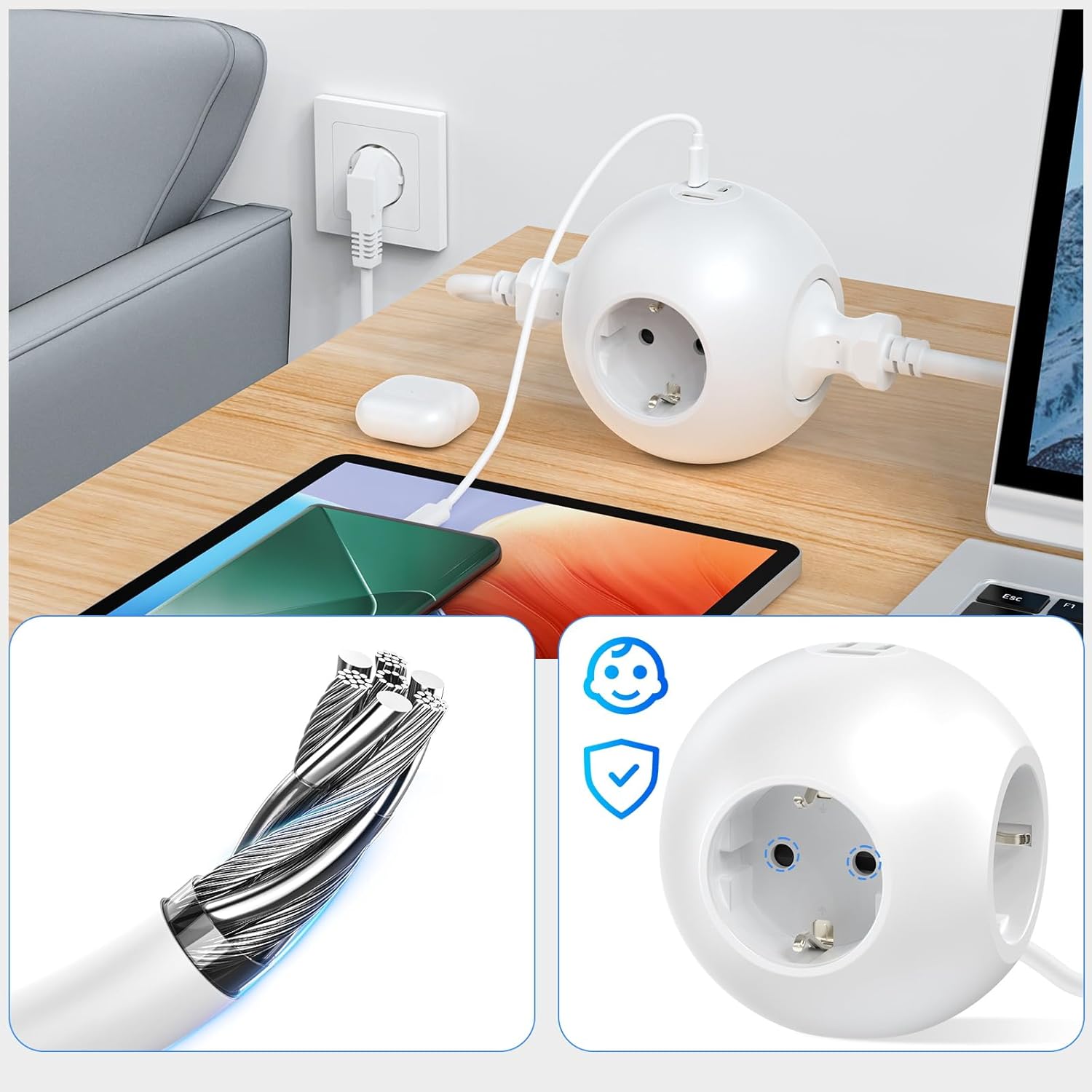 PD 25W Steckdosenleiste Cube mit 1 USB A und 2 USB C, Steckdosenleiste mit 3-fach Steckdosenadapter, Kugelsteckdose mit 2m Kabel (3680W 16A für Bürosteckdosen, weiß) – Bild 7