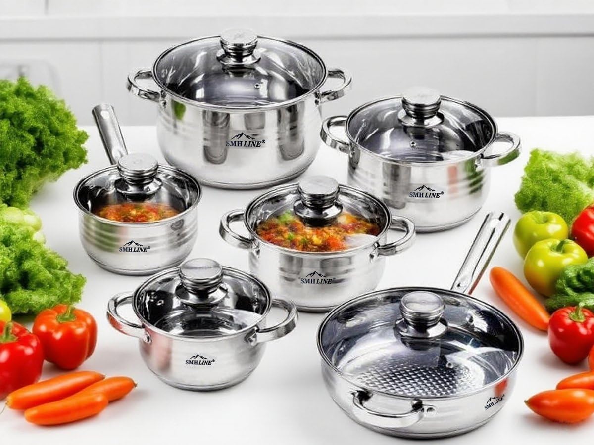 Smhline 12-teiliges Topfset, Kochtopf-Set, geeignet für Induktionsherde, Edelstahl-Kochgeschirr, Pfannenset, Glasdeckel, Küchensets, Bratpfanne – Bild 3