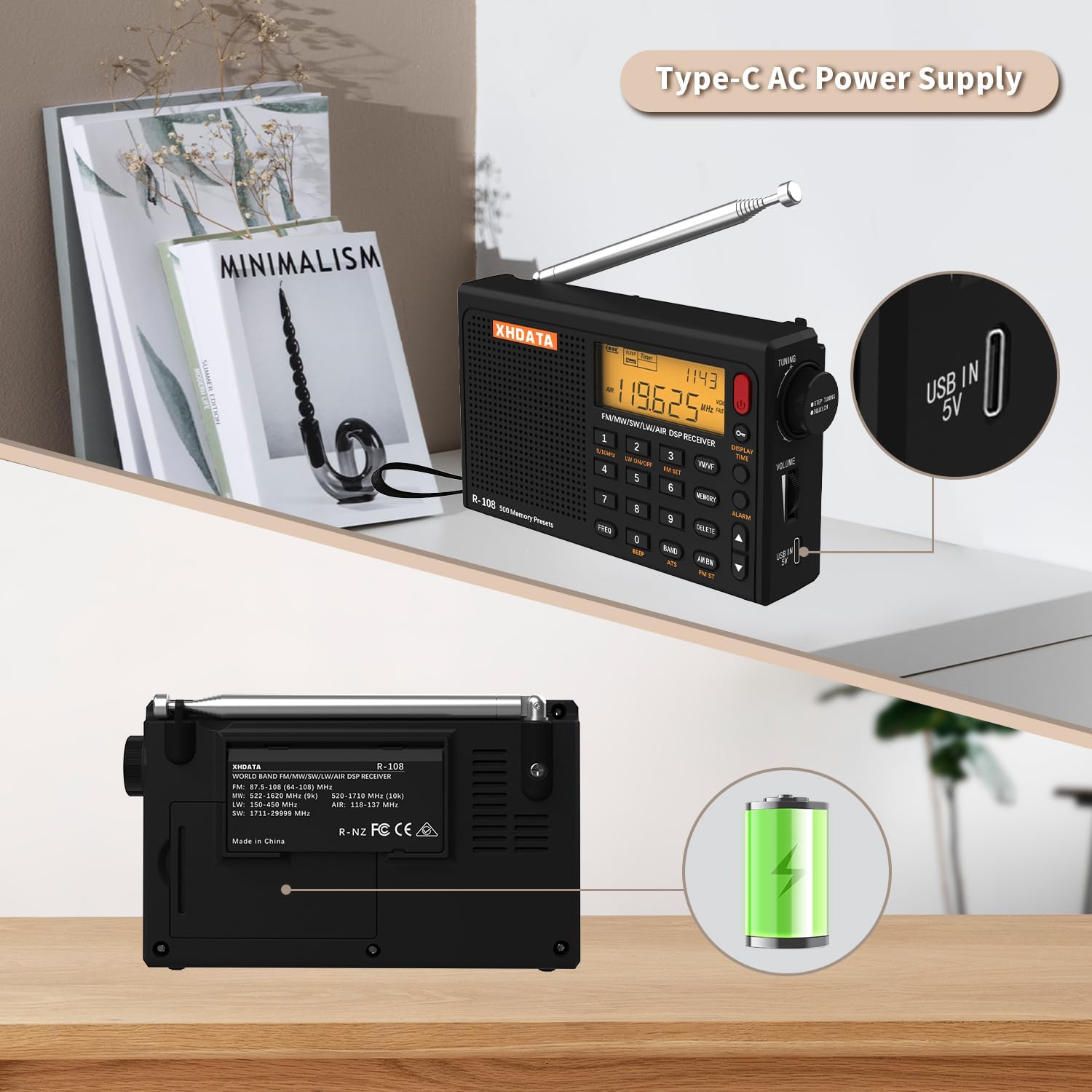 XHDATA R-108 Kleine tragbare Radios, wiederaufladbares Batterieradio FM AM SW Airband Radio Weltempfänger Digitalradio mit ATS Station Memory Sleep Funktion (Schwarz) – Bild 6