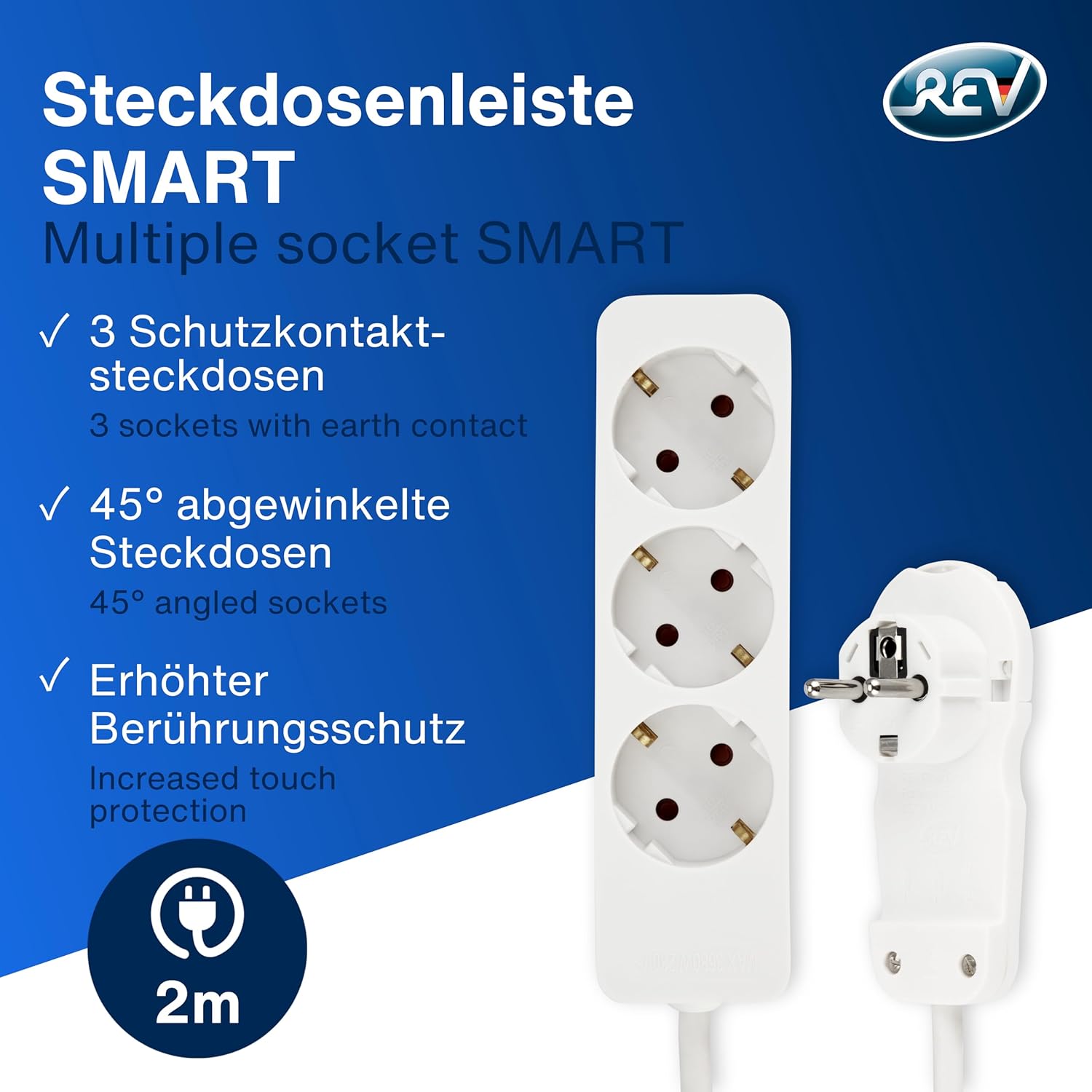REV Steckdosenleiste – Mehrfachsteckdose 3-fach mit Flachstecker – ideal für den Einsatz hinter Möbeln, Kabel 2 m, max. 3680 W, Weiß – Bild 2