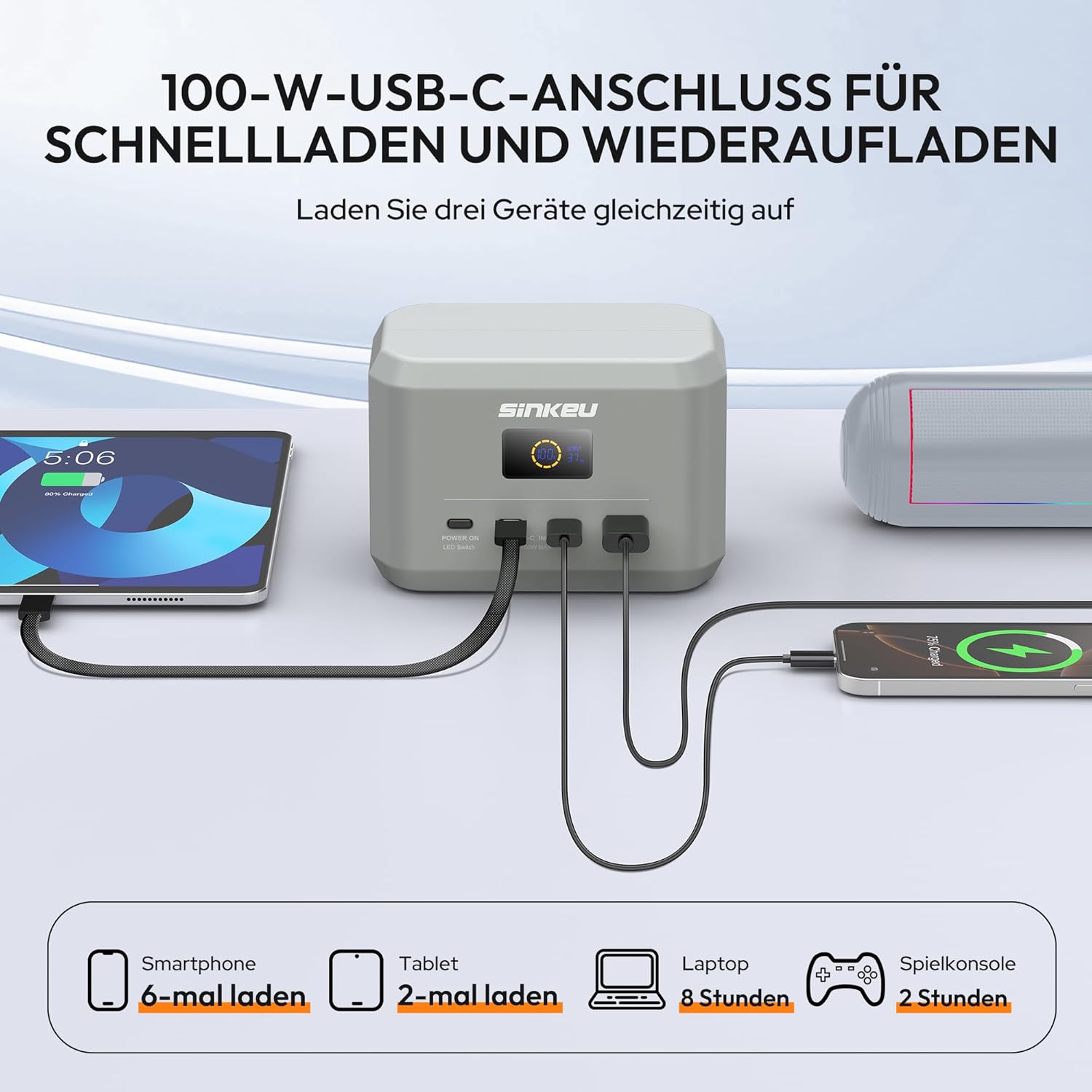 SinKeu Tragbares Kraftwerk, 96 Wh LiFePO4-Akku mit 3 Anschlüssen, USB-C 100 W Eingang/Ausgang, Schnelllade-Akku für Reisen, Notstromversorgung – Bild 4