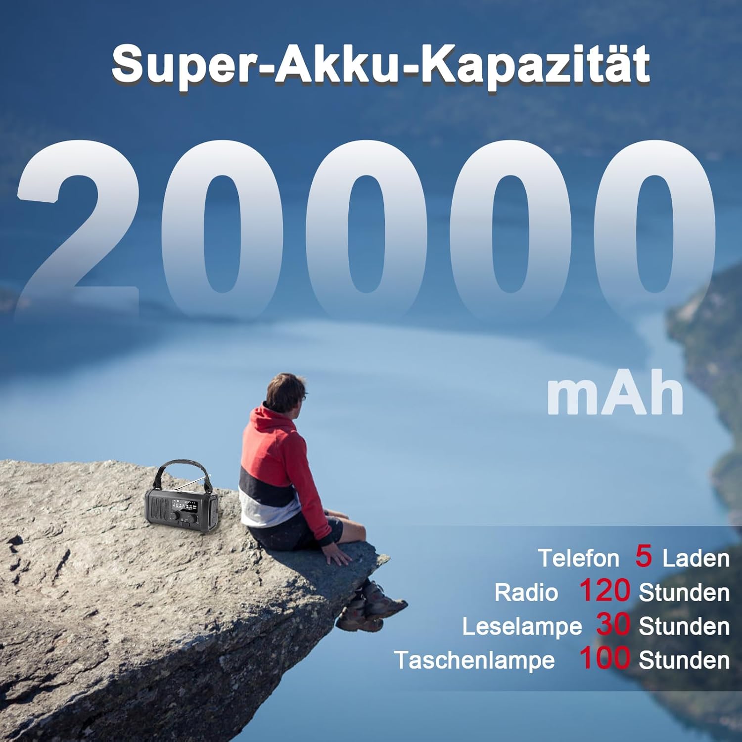YIKANWEN Kurbelradio mit 20.000-mAh-Akku, wiederaufladbar, tragbarer Solarradio-Dynamo mit AM/FM/NOAA, Powerbank, LED-Campinglicht, SOS-Alarm, Kompass, Schwarz – Bild 3