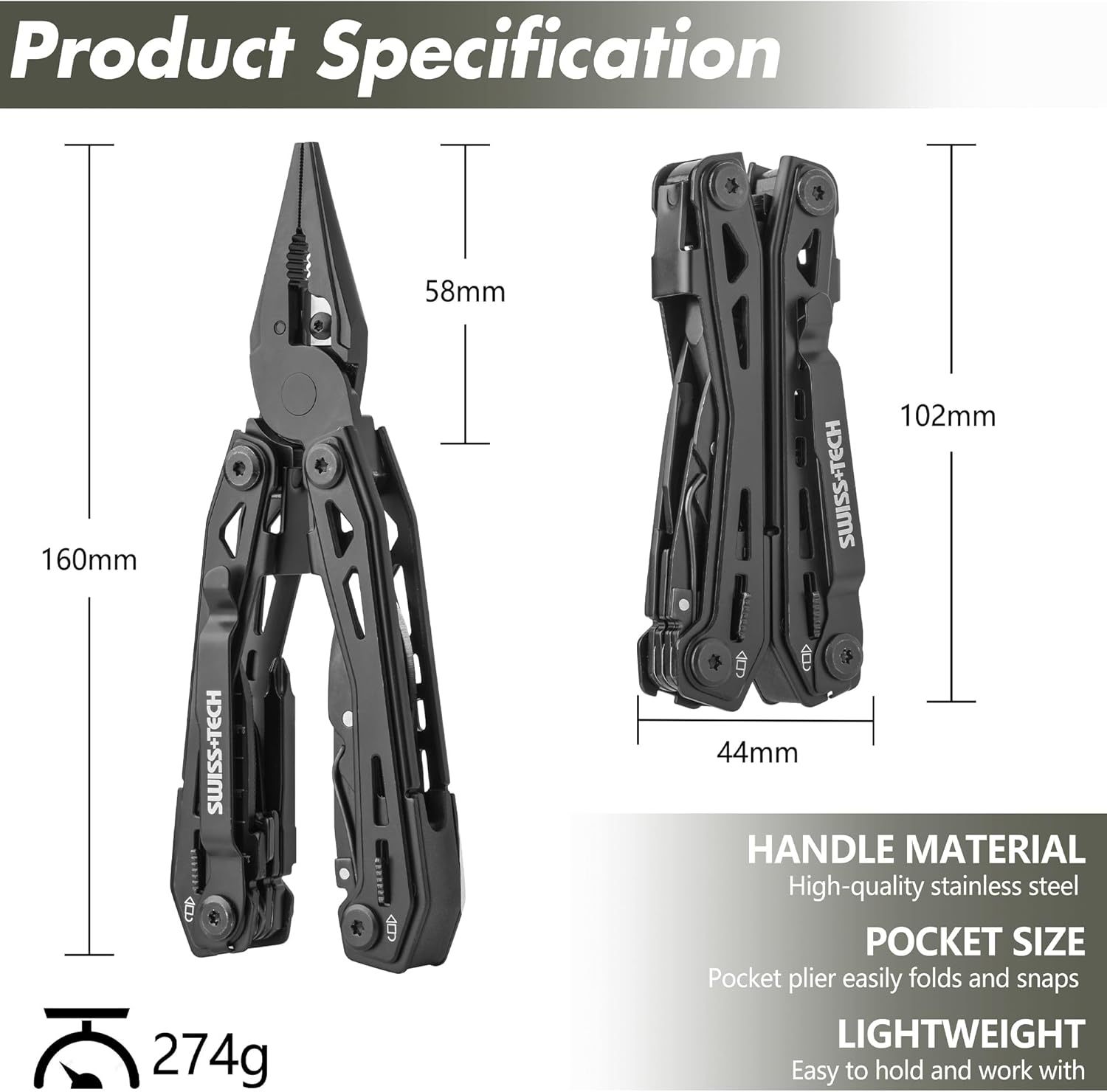 Swiss+Tech Multitool 16 in 1 Multifunktionszange aus Edelstahl, faltbar, Multifunktionswerkzeug, Multifunktionszange mit Messer, Flaschenöffner, Gürtelclip für Camping, Reparatur, mit Tragetasche – Bild 4