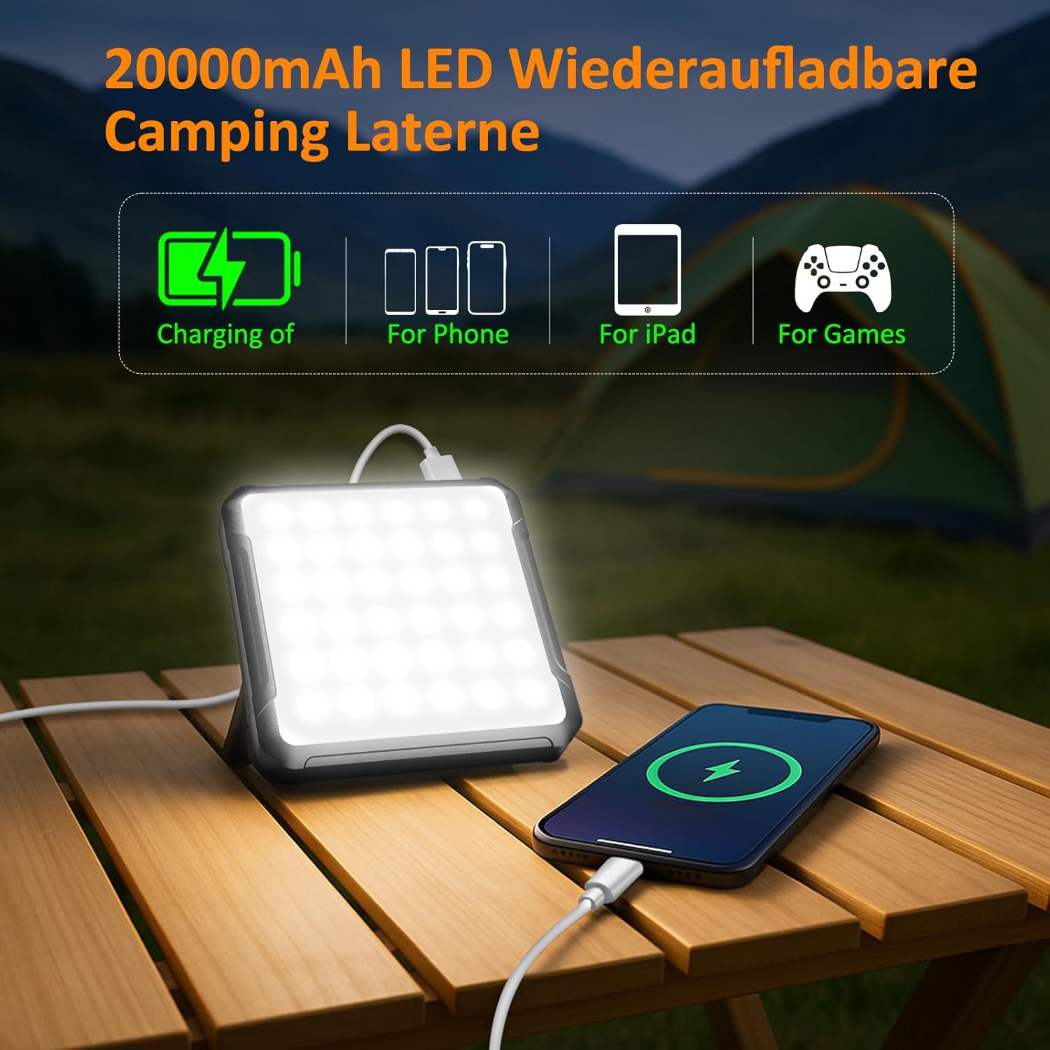 Kangtaixin LED Campinglampe wiederaufladbar mit 20.000 mAh Akku, Zeltlampe, Außenlampe, Campingleuchte, 2000 LM, Campingleuchte IPX4 wasserdicht, 4 Lichtmodi, Campingleuchte für Lesen, Zelt, Angeln, Verdunkelung – Bild 4
