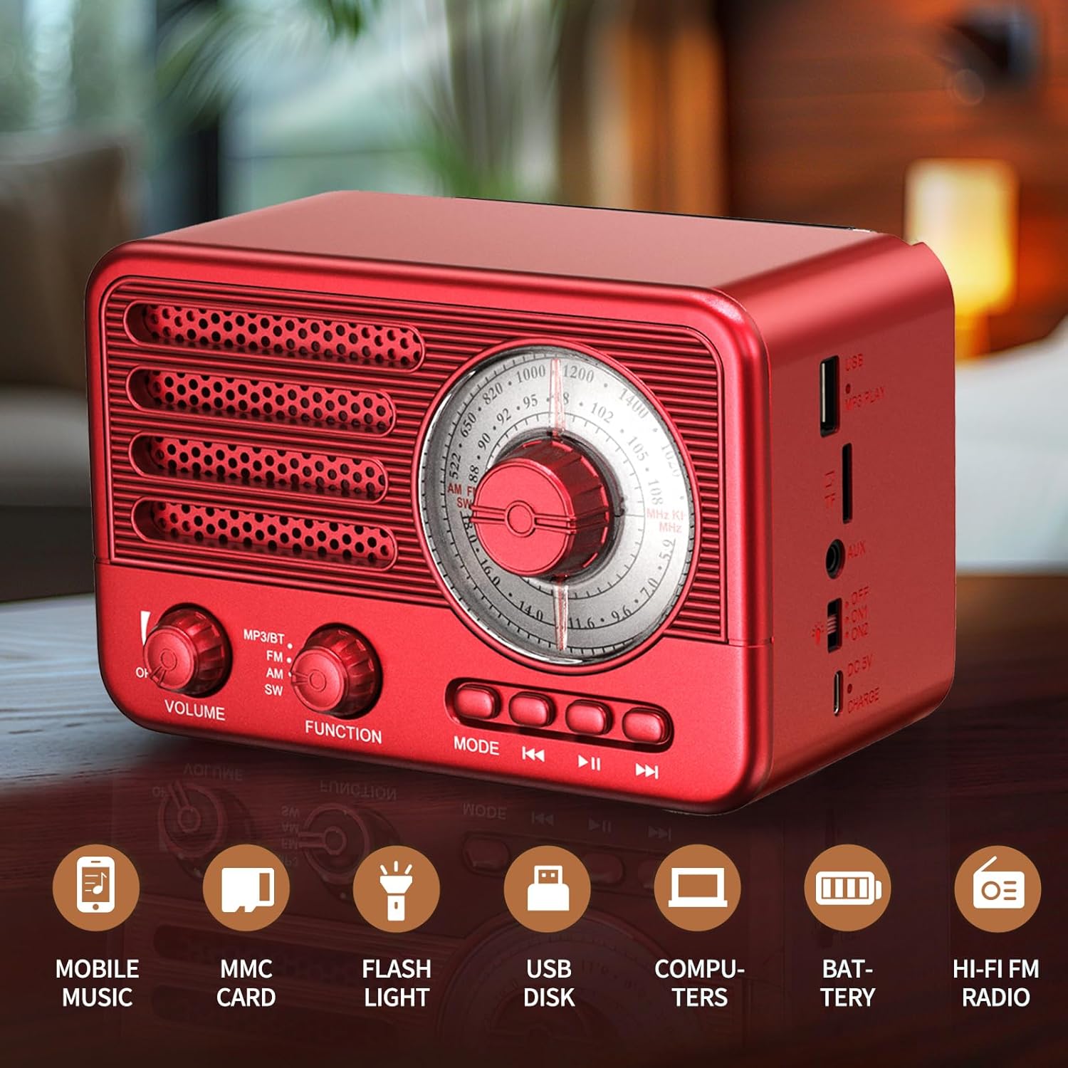 Retro-Transistorradio, batteriebetriebenes AM-FM-SW-Radio, kleiner wiederaufladbarer tragbarer MP3-Player mit Unterstützung für TF-Karte/Aux/USB (rot) – Bild 2