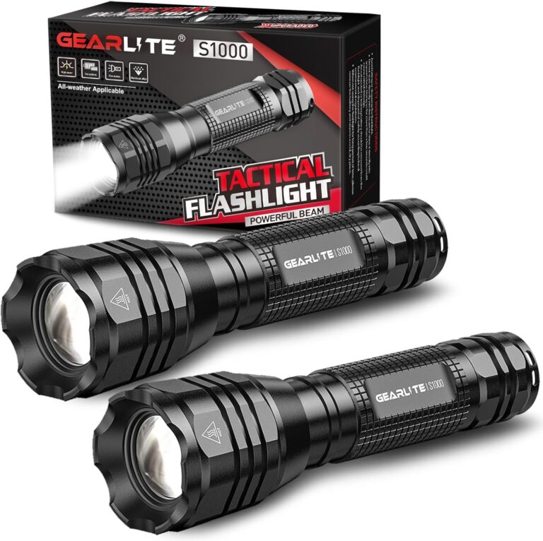GEARLITE LED-Taschenlampe, extrem hell, 2 Stück, Aluminium, 4000 Lumen, LED-Taschenlampe, batteriebetrieben mit 5 Modi, IP65 wasserdichte Handlampe, zoombar, für Camping, Wandern, Outdoor, Notfall, Geschenk