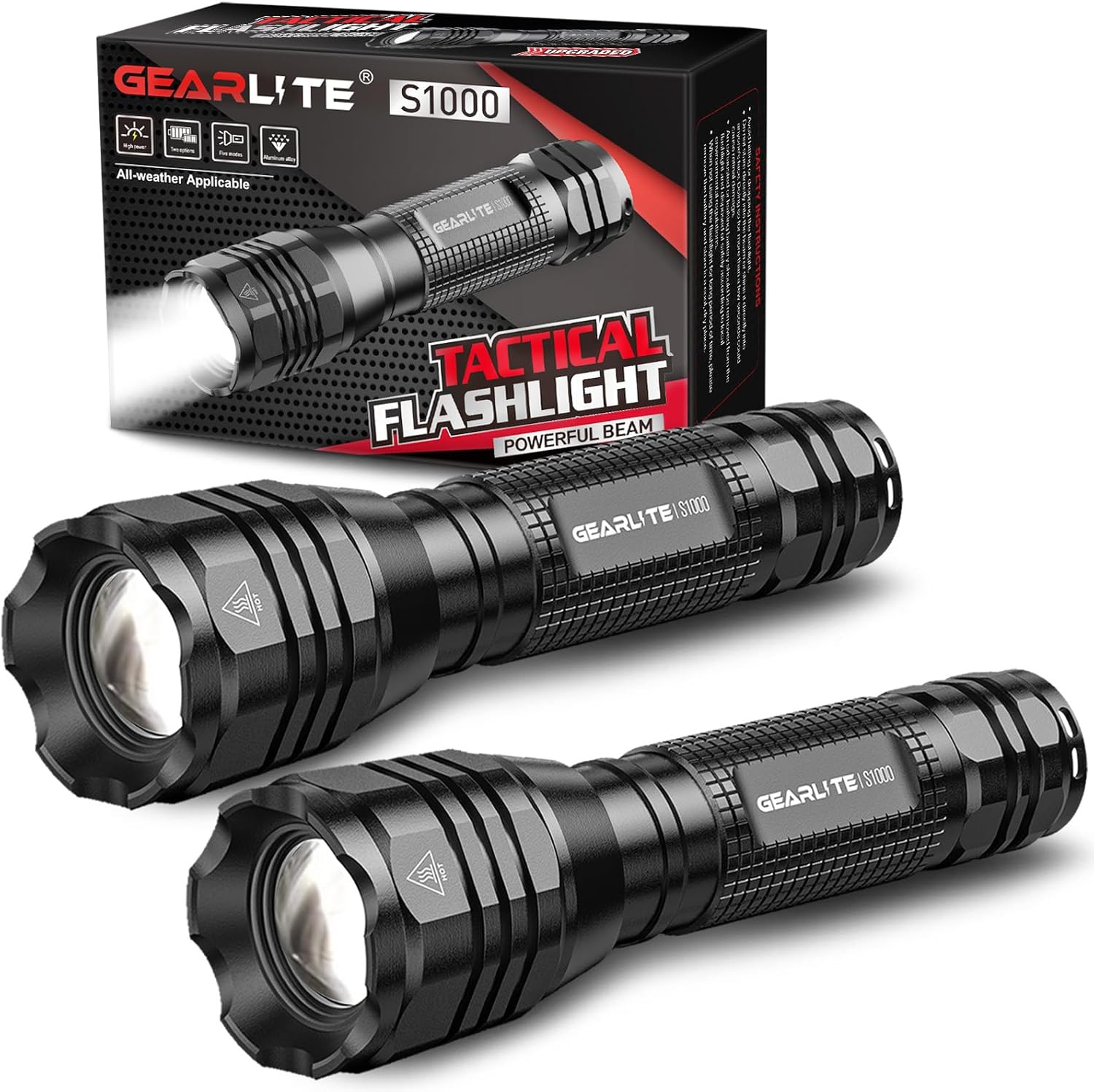 GEARLITE LED-Taschenlampe, extrem hell, 2 Stück, Aluminium, 4000 Lumen, LED-Taschenlampe, batteriebetrieben mit 5 Modi, IP65 wasserdichte Handlampe, zoombar, für Camping, Wandern, Outdoor, Notfall, Geschenk