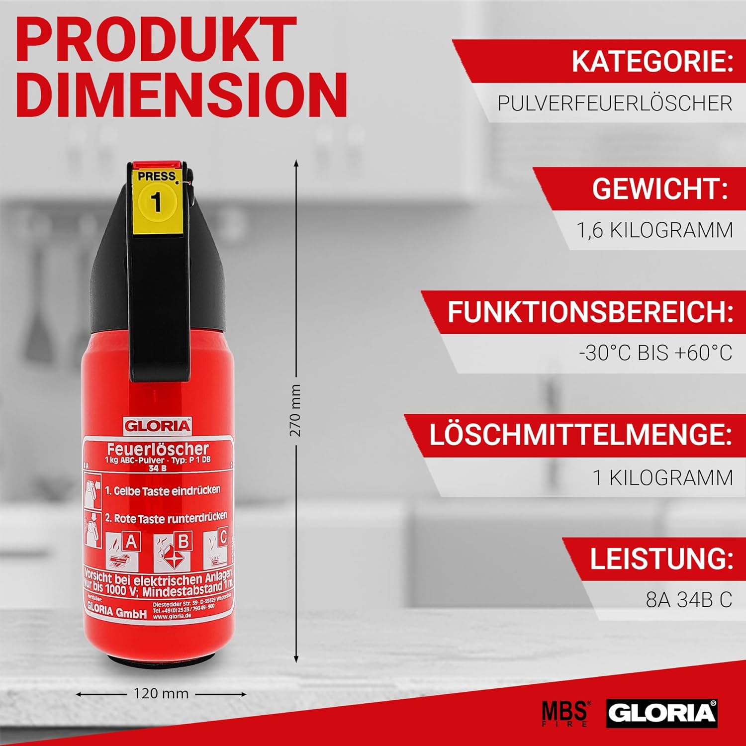 Gloria Auto-Pulverlöscher P1DB, 1 kg, Feuerklasse ABC, Halter und Plakette – Bild 3