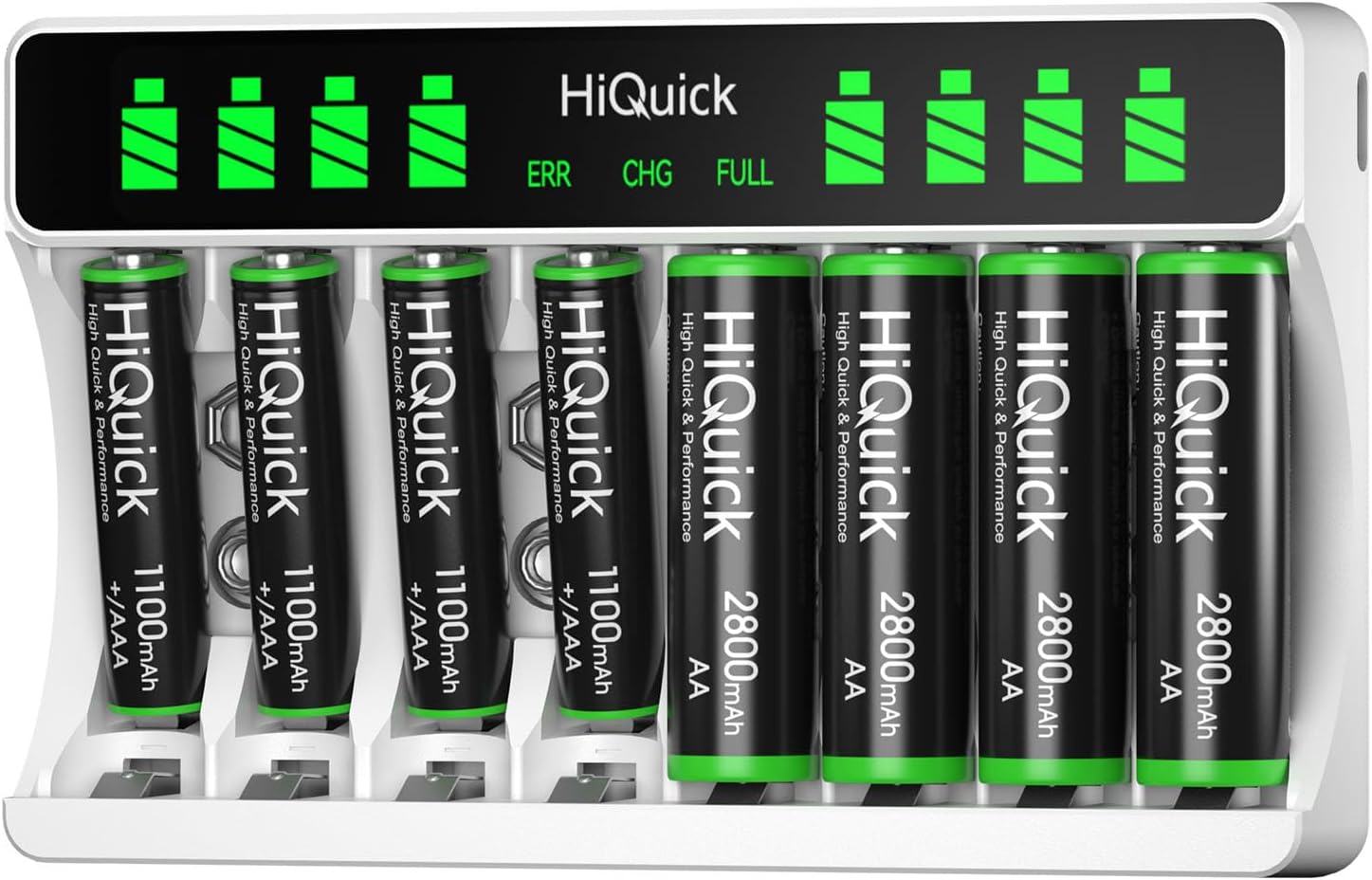 HiQuick Akku-Ladegerät mit AA-Batterie 4er Pack und AAA Batterie 4er Pack für Mignon AA, Micro AAA NI-MH/NI-CD Akkus, 8 Ladeplätze mit LCD-Display