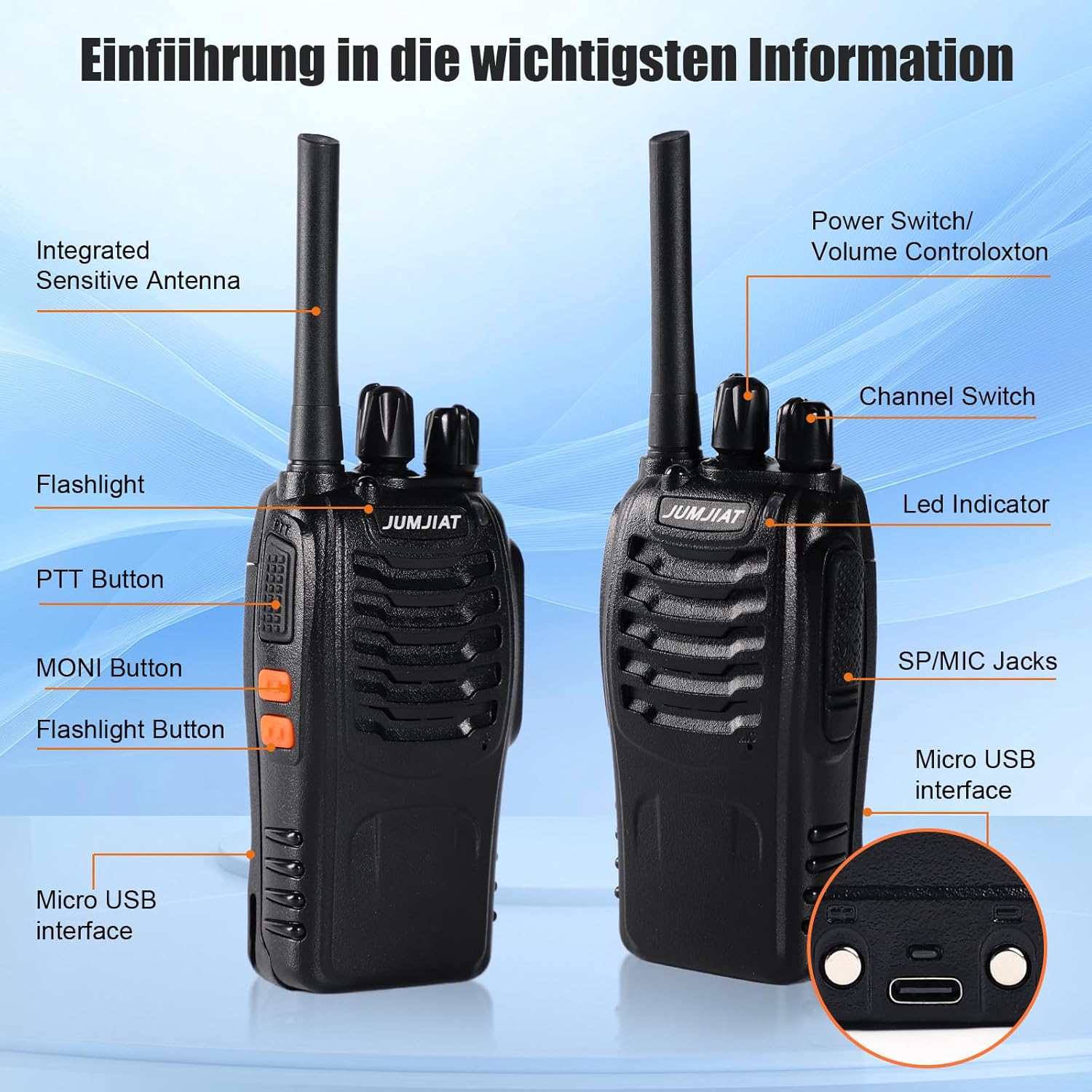 Walkie Talkie, 16 Kanäle, große Reichweite, integrierte LED-Taschenlampe, USB-Ladestation mit Typ-C-Kabel und Kopfhörer (2 Stück) – Bild 2