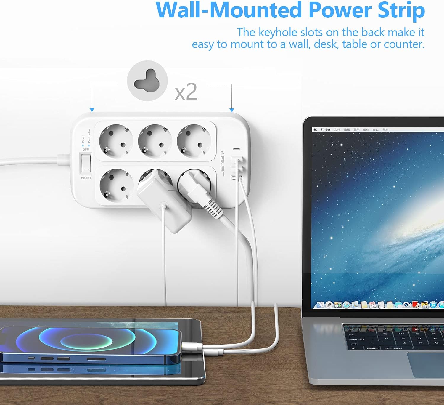 JSVER Steckdosenleiste 6 Fächer mit 4 USB-Ladeanschlüssen, Mehrfachsteckdose mit USB C, Wandmontage (3680 W), Überspannungsschutz mit 2 m Kabel, Verlängerungskabel für Smartphones, Laptop, Weiß – Bild 5