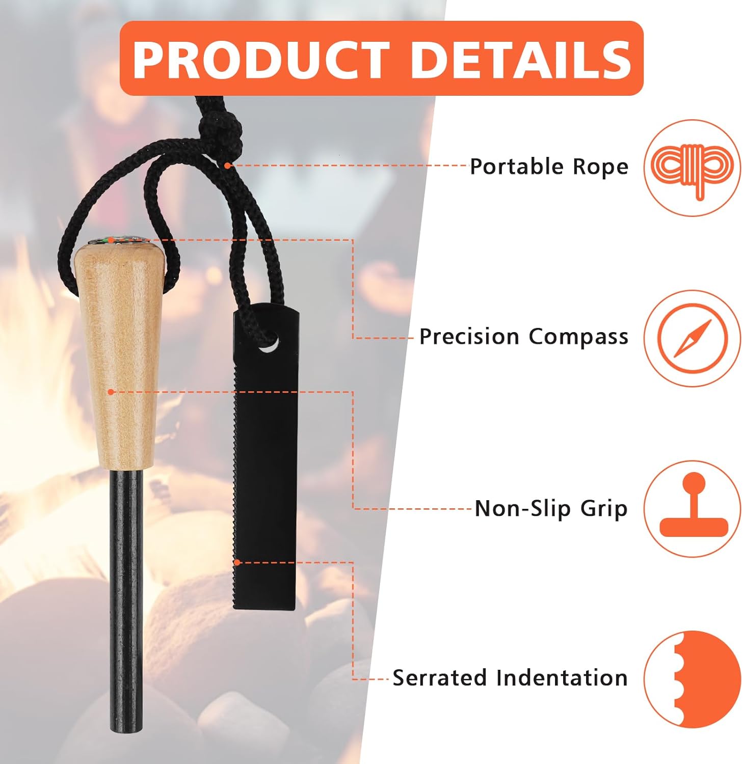 Outdoor-Feuerstahl-Überlebensfeuerstein mit Holzgriff und Kompass, 2 Stück | Magnesium Feueranzünder Survival Set, Feueranzünder aus Feuersteinstahl, Survival Kit für Bushcraft, Camping, Wandern, Lagerfeuer – Bild 3