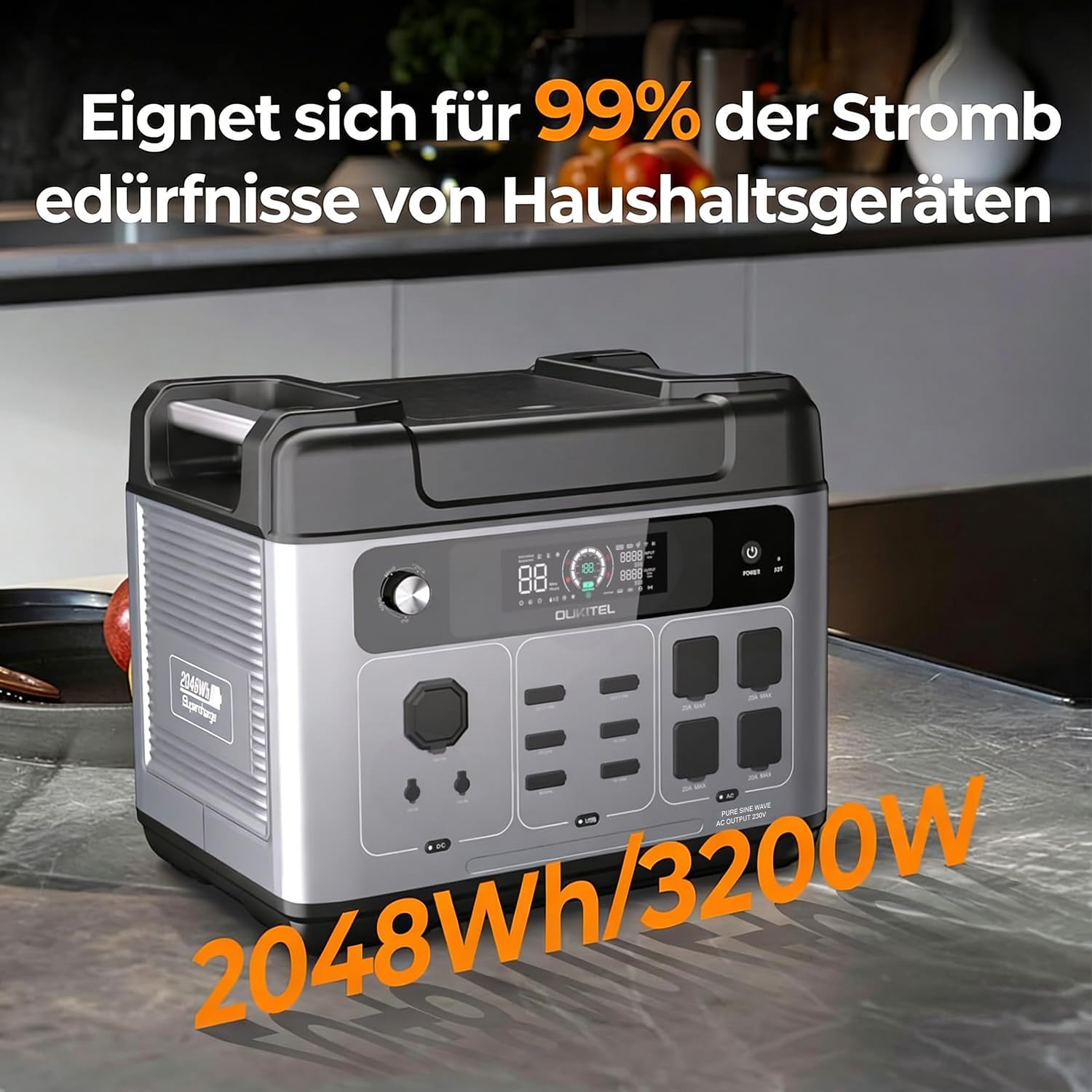 P2001 Pro 3200 W (6400 W Peak) tragbares Kraftwerk, 2048 Wh Solargenerator mit LiFePO4-Akku, AC1800 W Schnellladung 0–80 % in 45 Minuten Ladezeit, APP, tragbares UPS-Kraftwerk für Camping, Wohnmobile – Bild 2