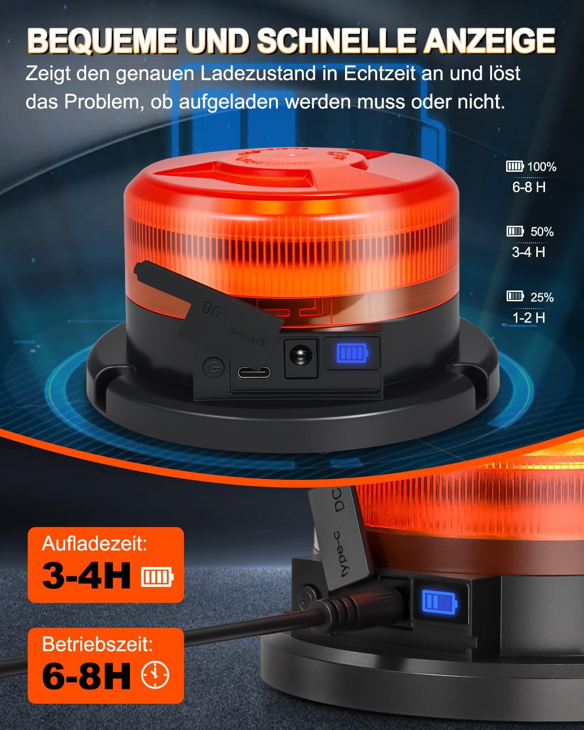 Dinfu Rotierender Akku mit Display, 9 Blinkmodi, LED-Blitzlicht, 12 V, magnetisches orangefarbenes Warnlicht mit Auto-Ladegerät und USB-Kabel für Auto, LKW, Traktor, Golfwagen, SUV – Bild 2