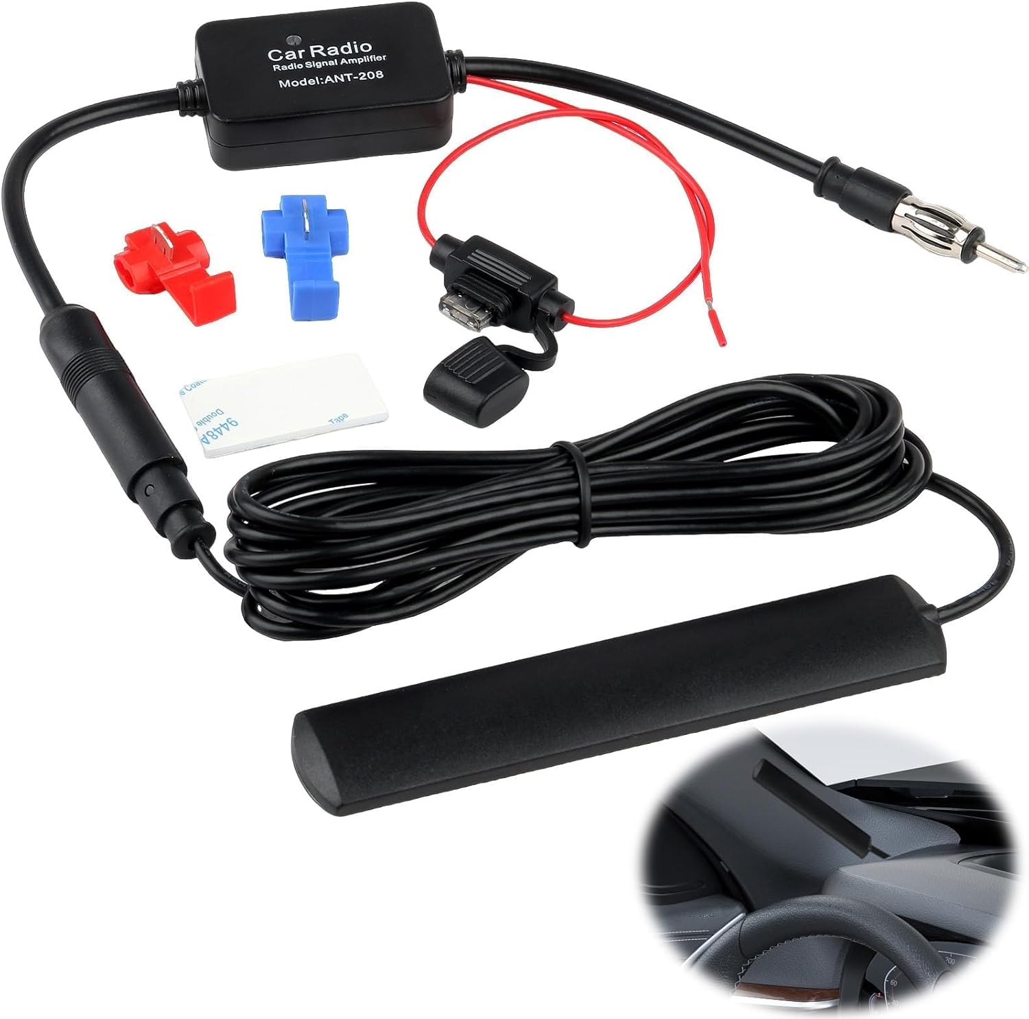 Antennenverstärker Autoradio FM AM 12V Universal, Autoradio Antennenverstärker, Signalverstärker Auto mit DIN-Adapter, 25 dB High Gain, Scheibenantenne für Auto, LKW, SUV, Boot, 3 Meter Kabel – Bild 7