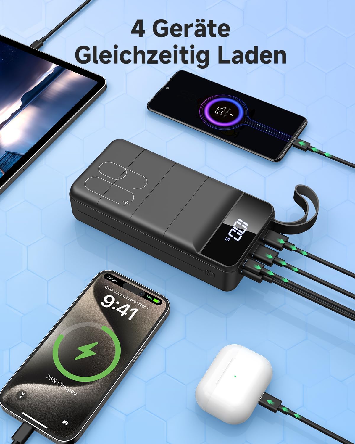 60.000 mAh Powerbank 22,5 W Powerbank PD USB-C Schnellladefunktion Externer Akku mit 4 Ausgängen und 2 Eingängen, kompatibel mit Smartphone, Tablets, Tablet etc. Schwarz – Bild 5