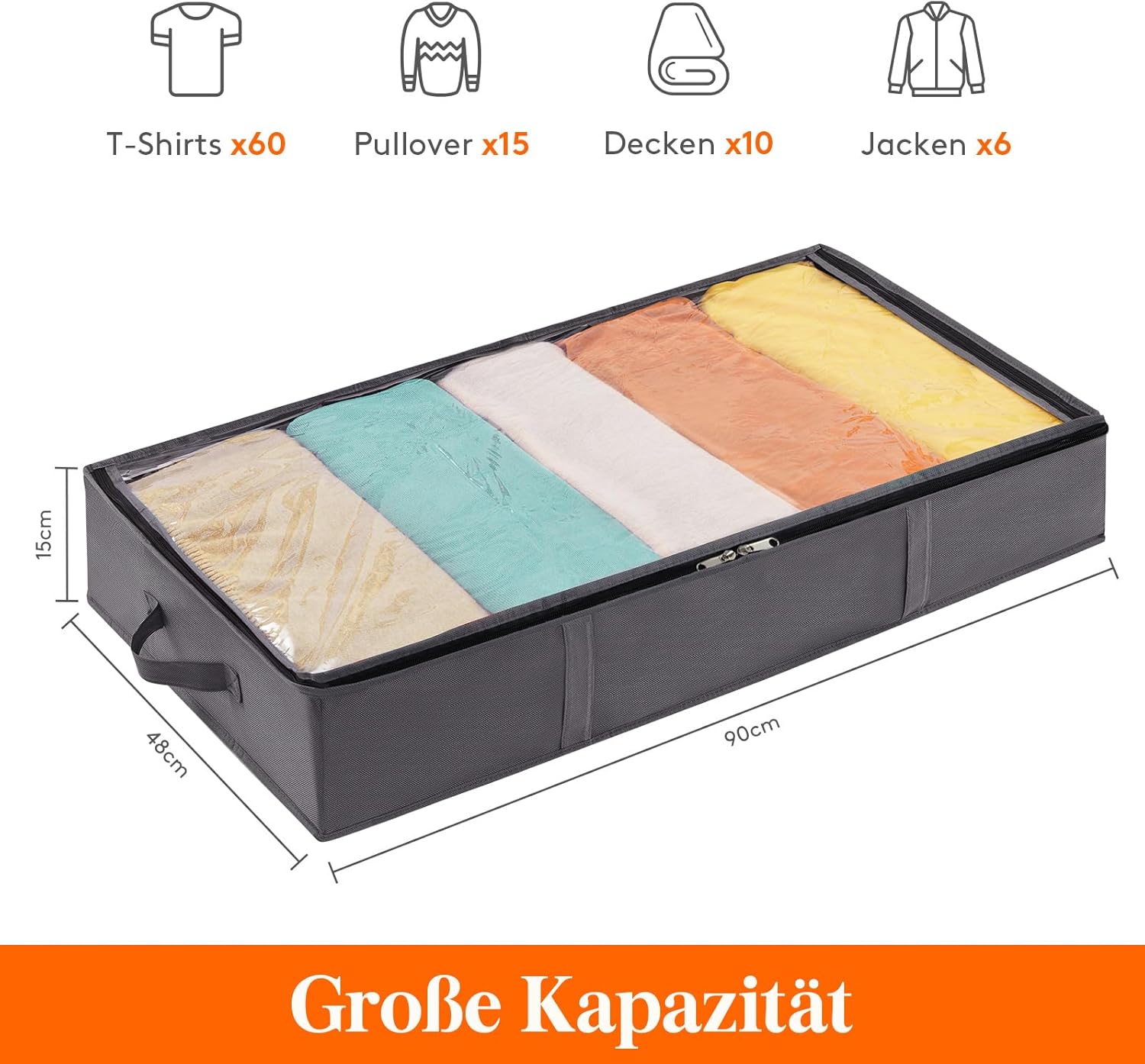 Lifewit Unterbett-Aufbewahrungsbox, Unterbett-Aufbewahrungstasche, faltbare Kleideraufbewahrungstasche mit Deckel für Bettdecken, Kleidung, Unterbett-Kleiderschrank, grau, 65 l, 2 Stück – Bild 2