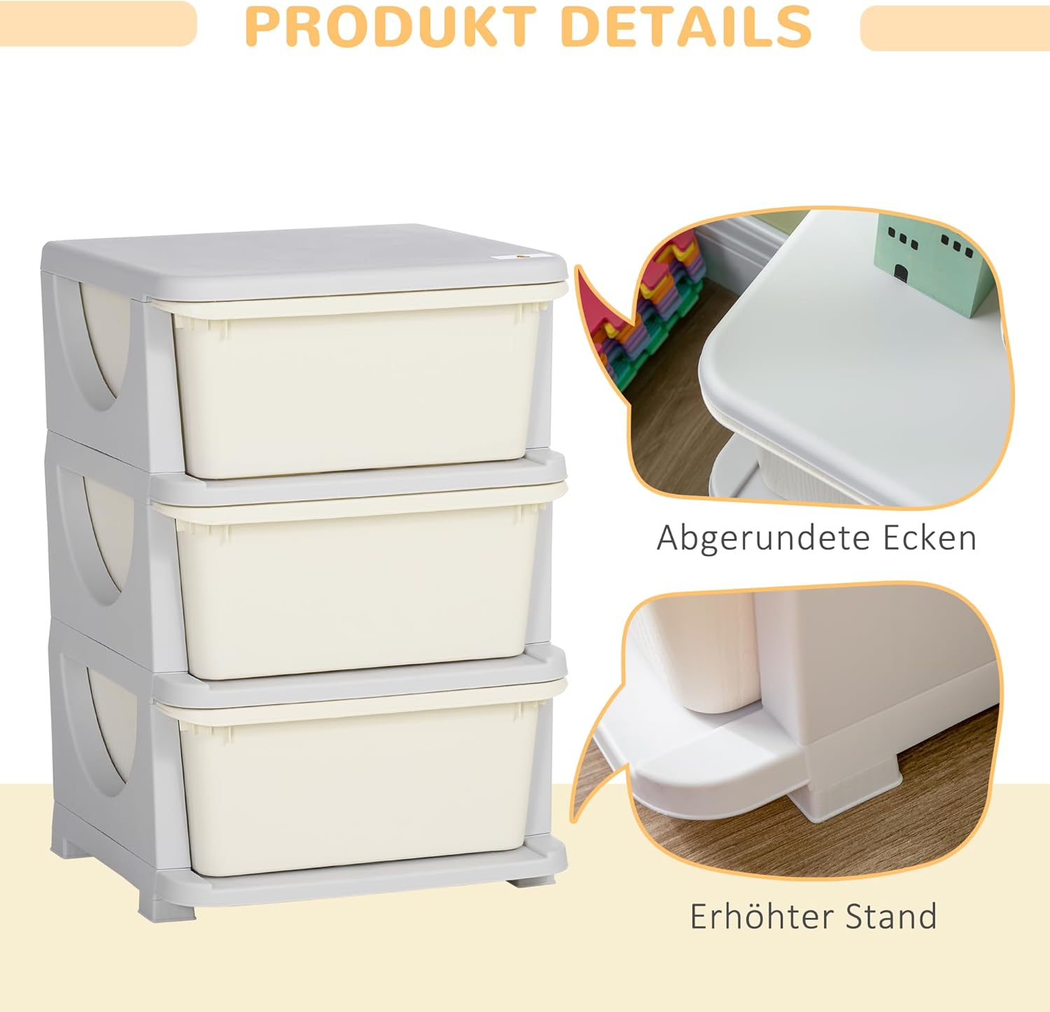 HOMCOM Schubladenschrank für Kinder mit Stauraum, Aufbewahrungsboxen, Spielzeug-Organizer, Spielzeugkiste, drei Ebenen, für Kinderzimmer, 3–6 Jahre, Kindermöbel, Cremeweiß, 37 x 37 x 56,5 cm – Bild 4