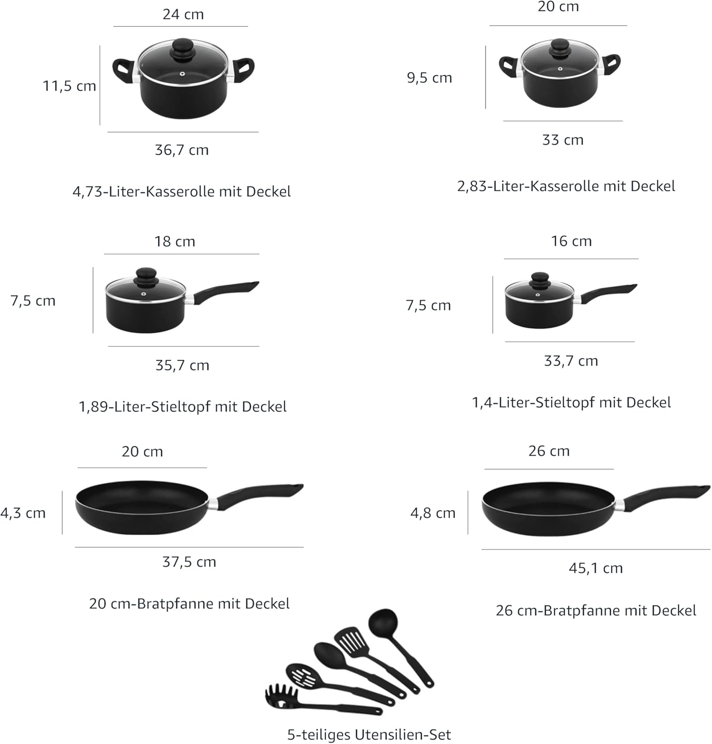 Amazon Basics – 15-teiliges Kochgeschirr mit Antihaftbeschichtung, Schwarz – Bild 4