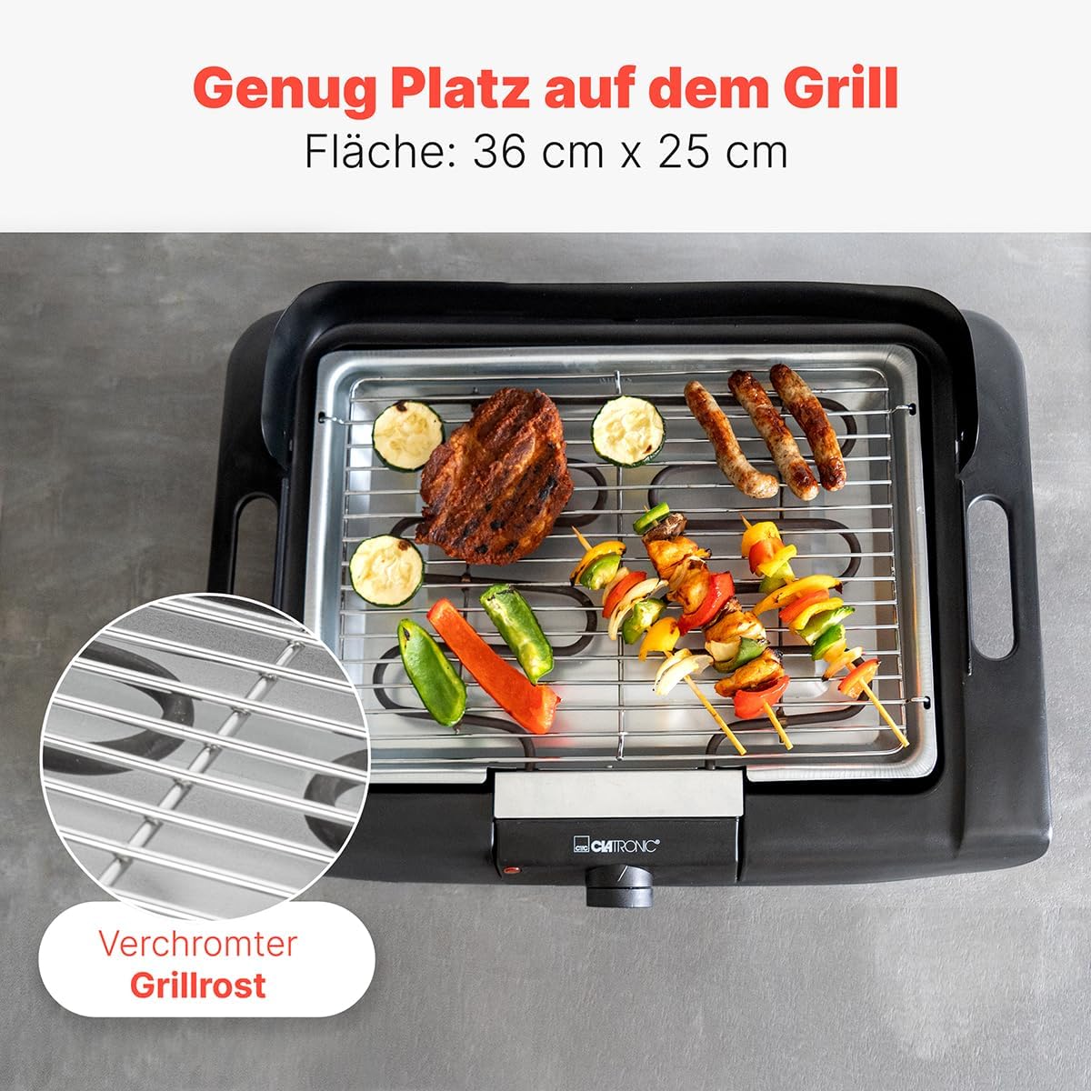 Clatronic BQ 3841 Barbecue Tischgrill, Elektrogrill ideal für Balkon und Küche, Elektrogrill mit Windschutz, Grill mit verchromtem Grillrost, Tischgrill mit Cool-Touch-Gehäuse – Bild 7