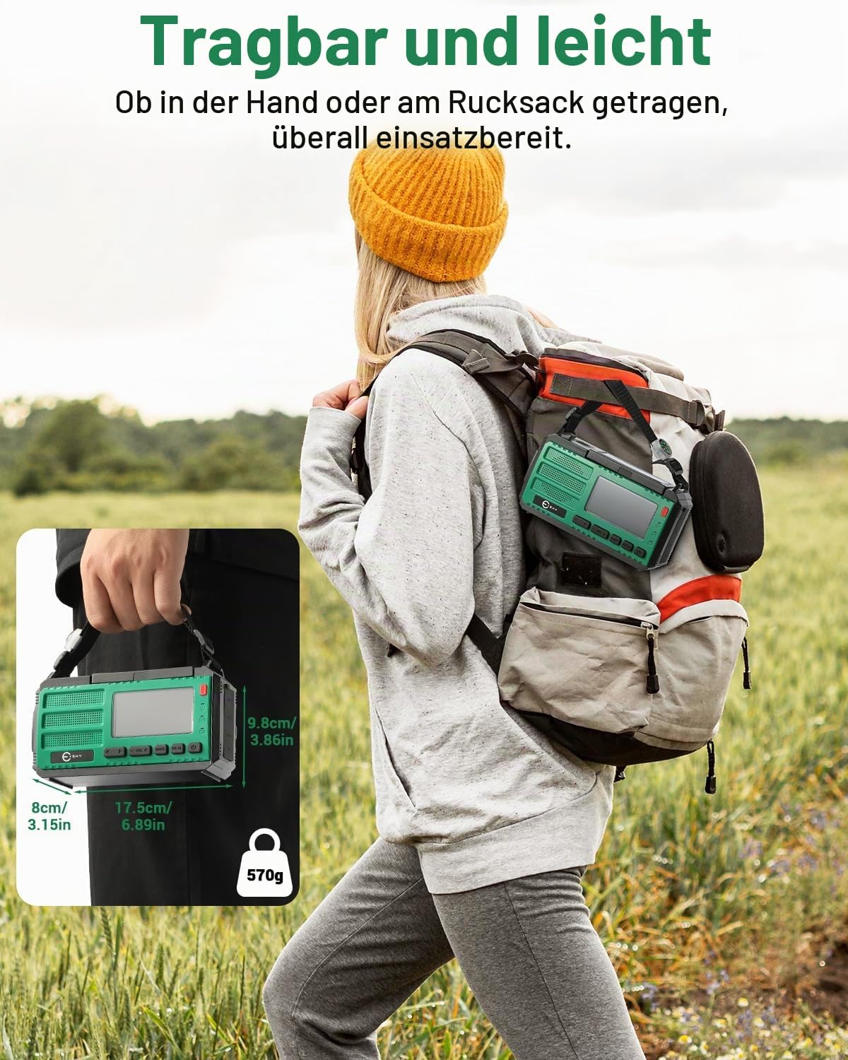 Esky Kurbelradio, 10000 mAh Solar-Notfallradio mit wiederaufladbarem AM/FM-Weltempfänger, USB-Ladegerät, LED-Taschenlampe und Leselicht, SOS-Alarm und Kompass, tragbar für Camping, Notfall, Verdunkelung, Geschenkidee – Bild 6