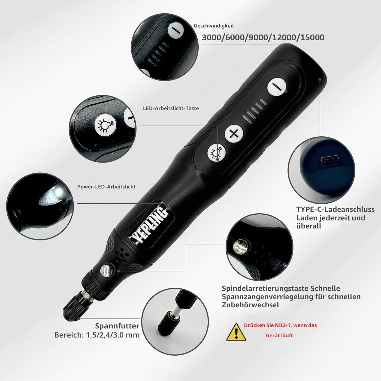 Multifunktionswerkzeug, 3,7 V Li-Ionen-Elektro-Mini-Schleifer-Set mit LED-Arbeitslicht vorne, 5 variable Geschwindigkeiten, 72 Zubehörteile, kabelloses Drehwerkzeug mit USB-Aufladung – Bild 2