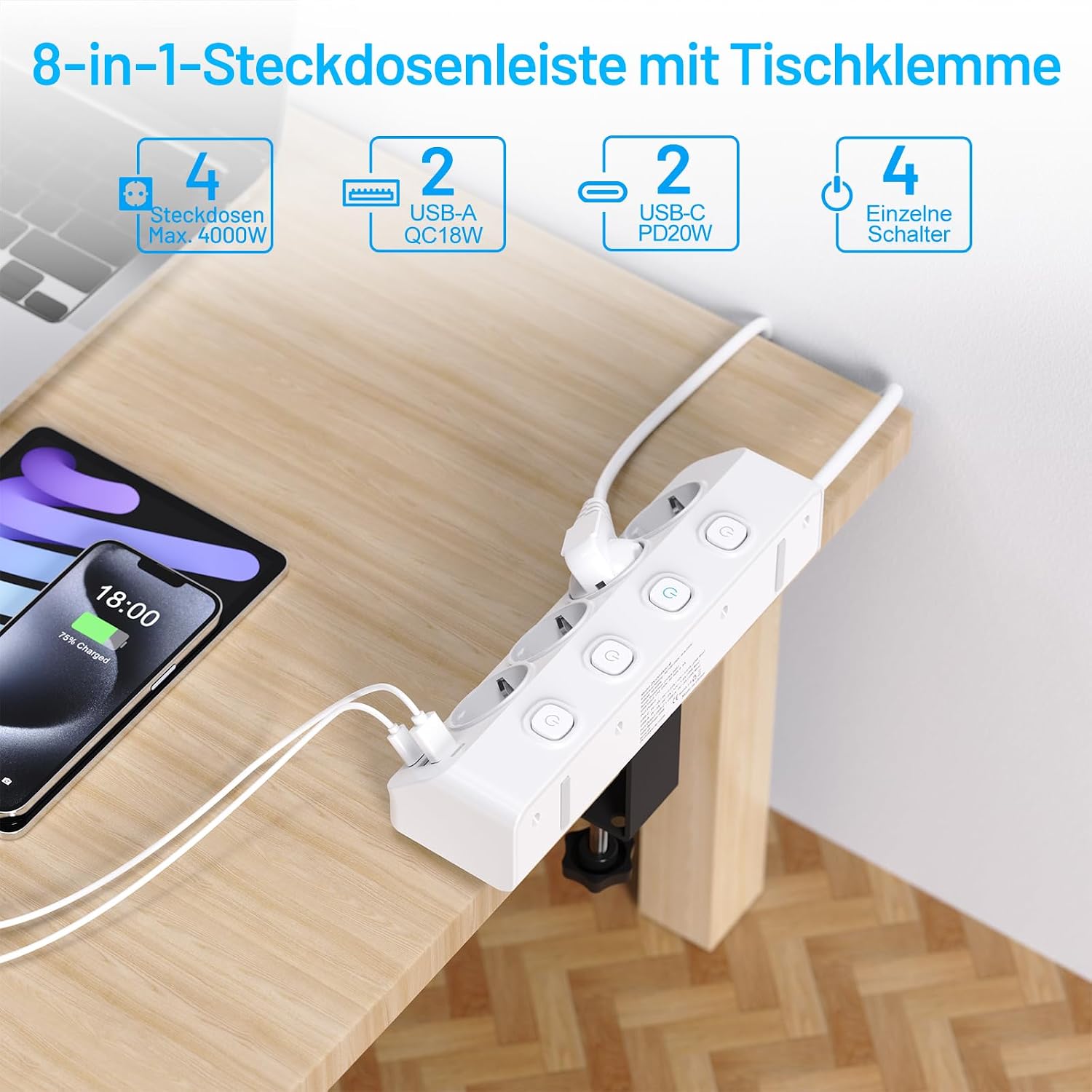 PD 20W Tischsteckdose mit USB C, 4-fach Ecksteckdosenleiste, Schreibtisch mit einzeln schaltbar, FDTEK Ecksteckdose 4000W 16A, Mehrfachsteckdose, Flachstecker, Überspannungsschutz, 2m für Küche, Büro – Bild 2