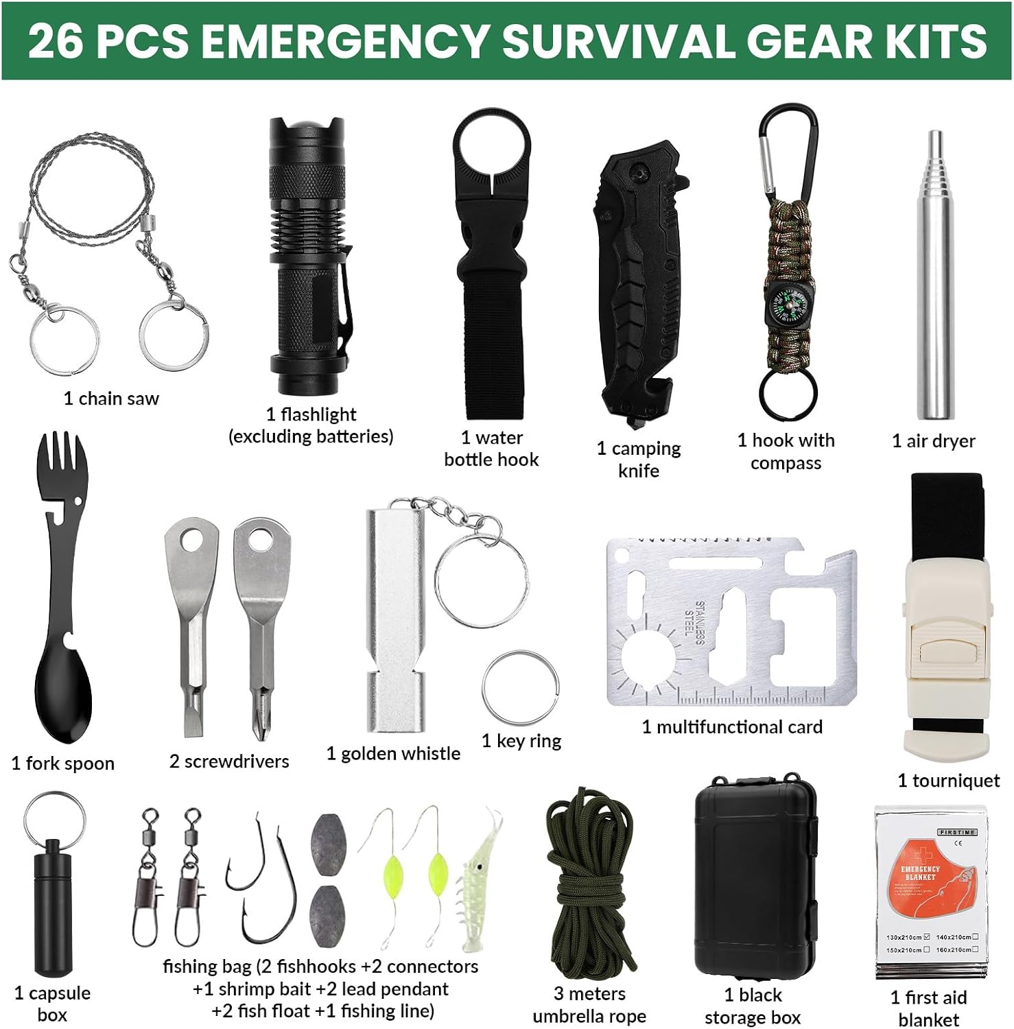 Survival Kit 25 in 1, Professionelles Notfallset Outdoor Home, Premium Set Messer Outdoor-Ausrüstung, Survival-Ausrüstung für Camping, Bushcraft, Wandern, Jagd, Abenteuer, Väter, Männer – Bild 2