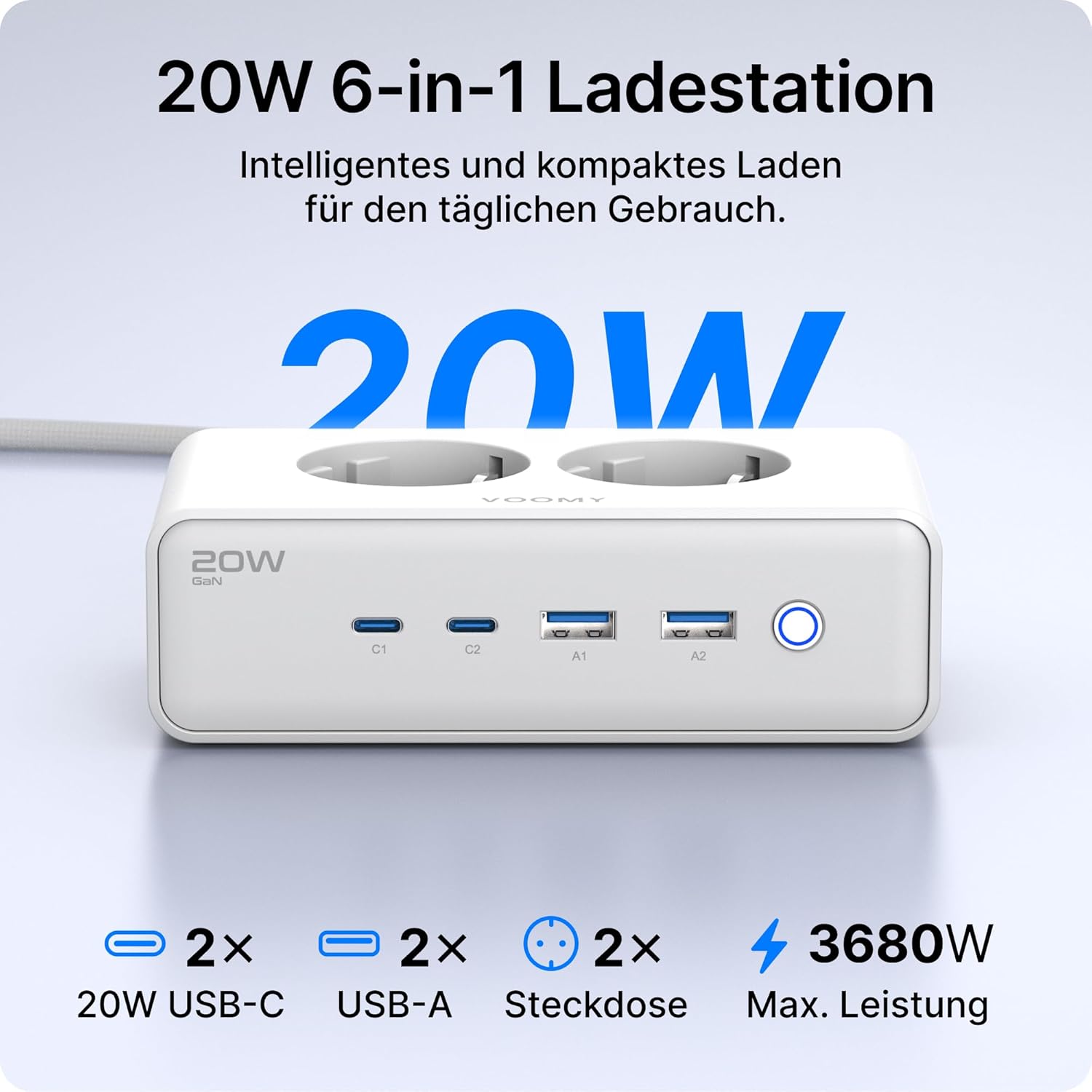 Voomy Mehrfachsteckdose mit 20W USB-Anschlüssen, Überspannungsschutz, Überlast- & Kurzschlussschutz, Sicherheitsverschluss, 2 Meter (weiß) – Bild 2