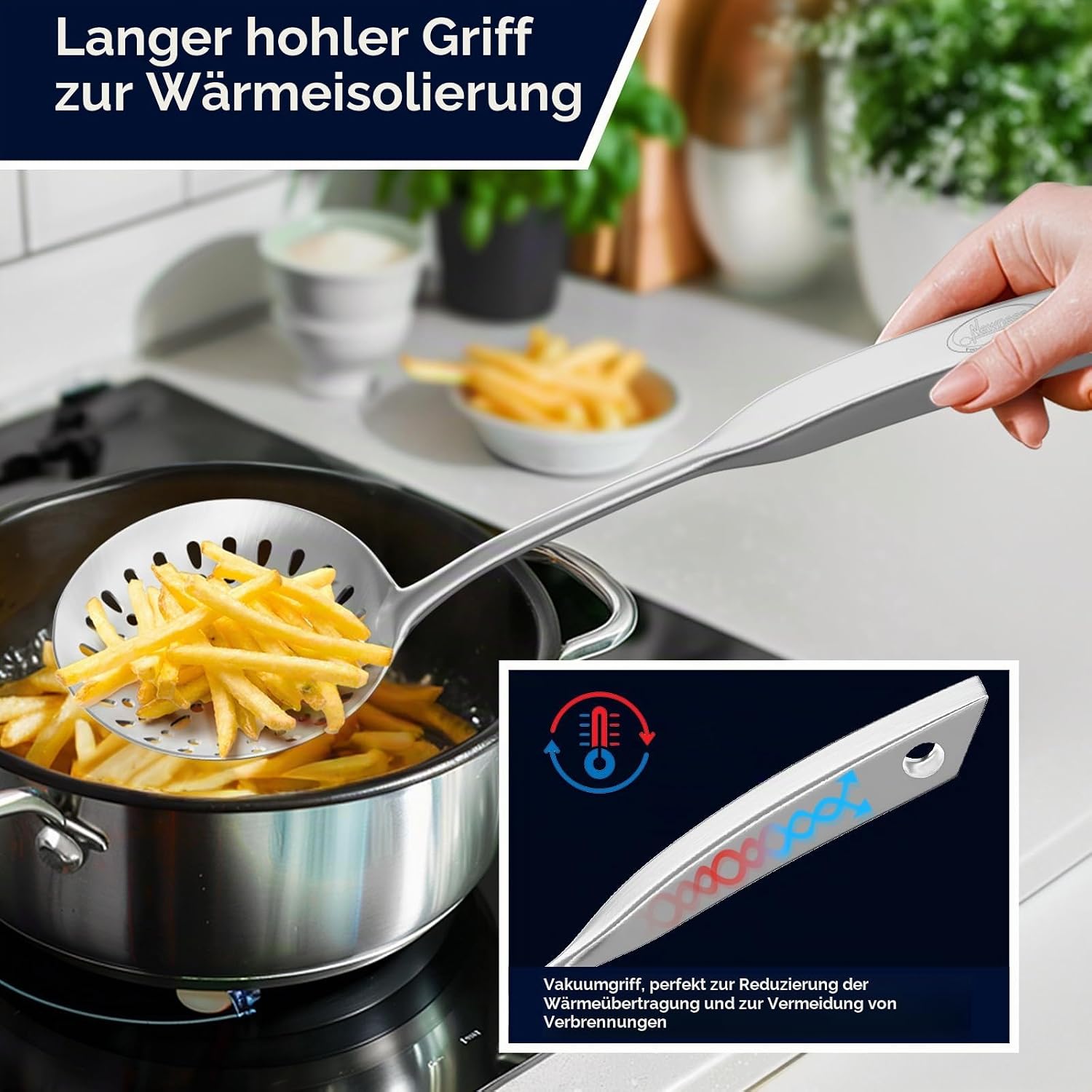 Schälkelle Schaumlöffel, (rostfrei, einteilig geformt, langlebig) Neuheit Schaumlöffel aus Edelstahl 304 mit Vakuum-ergonomischem Griff, Siebkelle mit komfortablem Griffdesign für die Küche, 38 cm – Bild 4