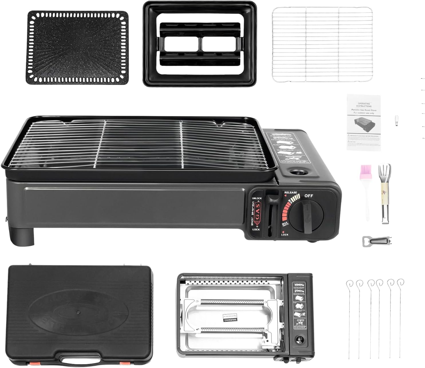 Camping-Gasgrill mit Koffer, 2-in-1-Tischgrill, Gaskocher, 2-flammig, tragbar, kleiner Gasgrill für Kartusche & Gasflasche, Outdoor-Grill, Camping-Set für Balkon, Picknick mit Zubehör