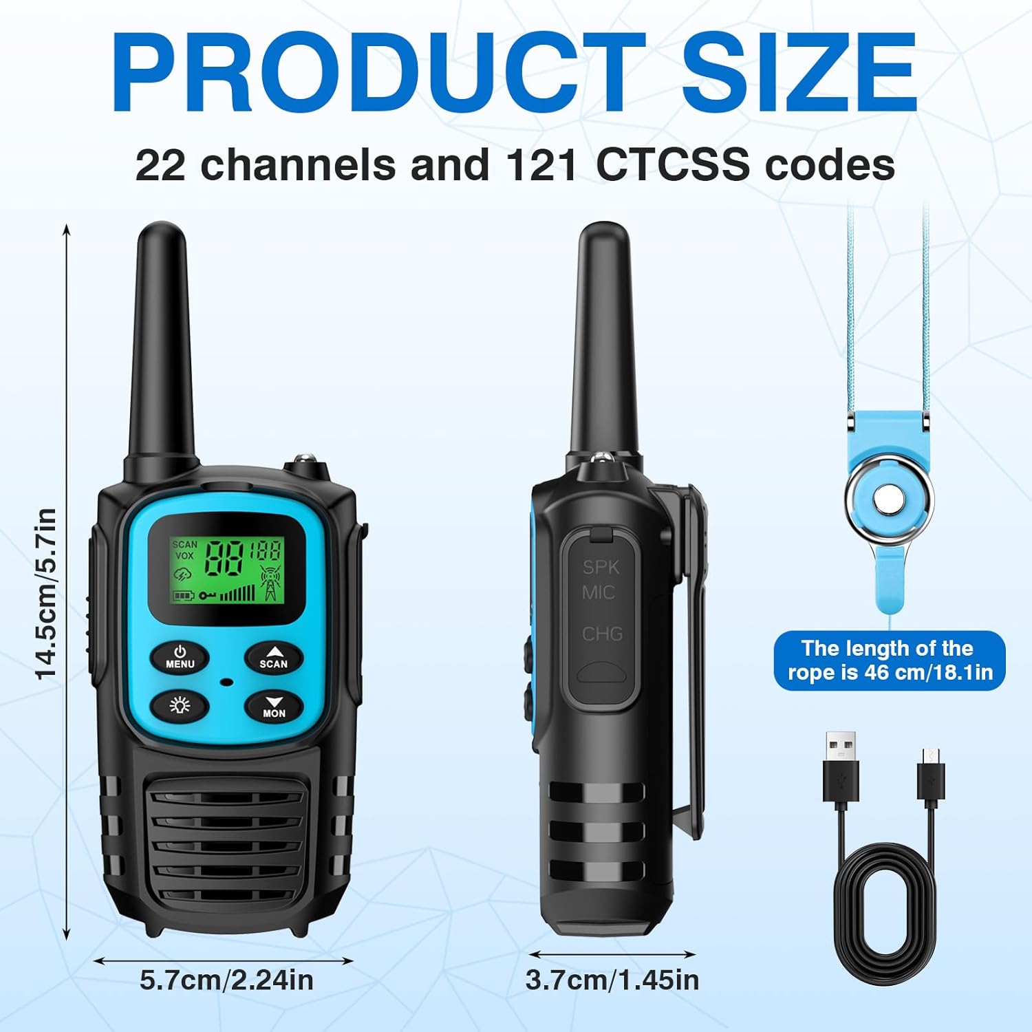Walkie Talkie Set mit 4 Walkie Talkies für Erwachsene Kinder, 20 Kanäle mit 1200 mAh Li-Ionen-Akku/VOX/LED-Taschenlampe/USB-C-Kabel/5 km Reichweite/Tastatursperre für Camping, Wandern, Geschenk – Bild 2