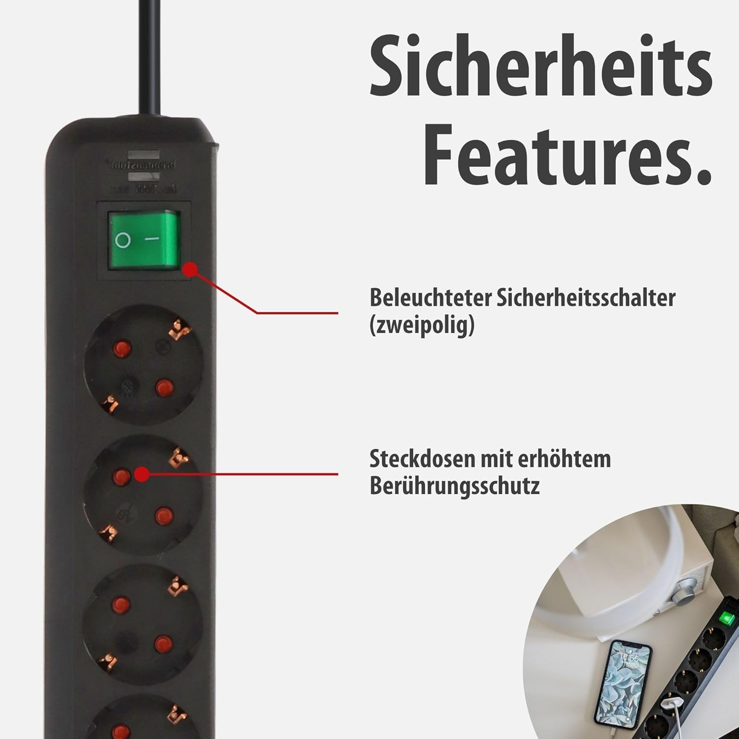 Brennenstuhl Eco-Line 6-fach-Verlängerungskabel (Mehrfachsteckdose mit erhöhtem Berührungsschutz, Schalter und 1,5 m Kabel), schwarz – Bild 3
